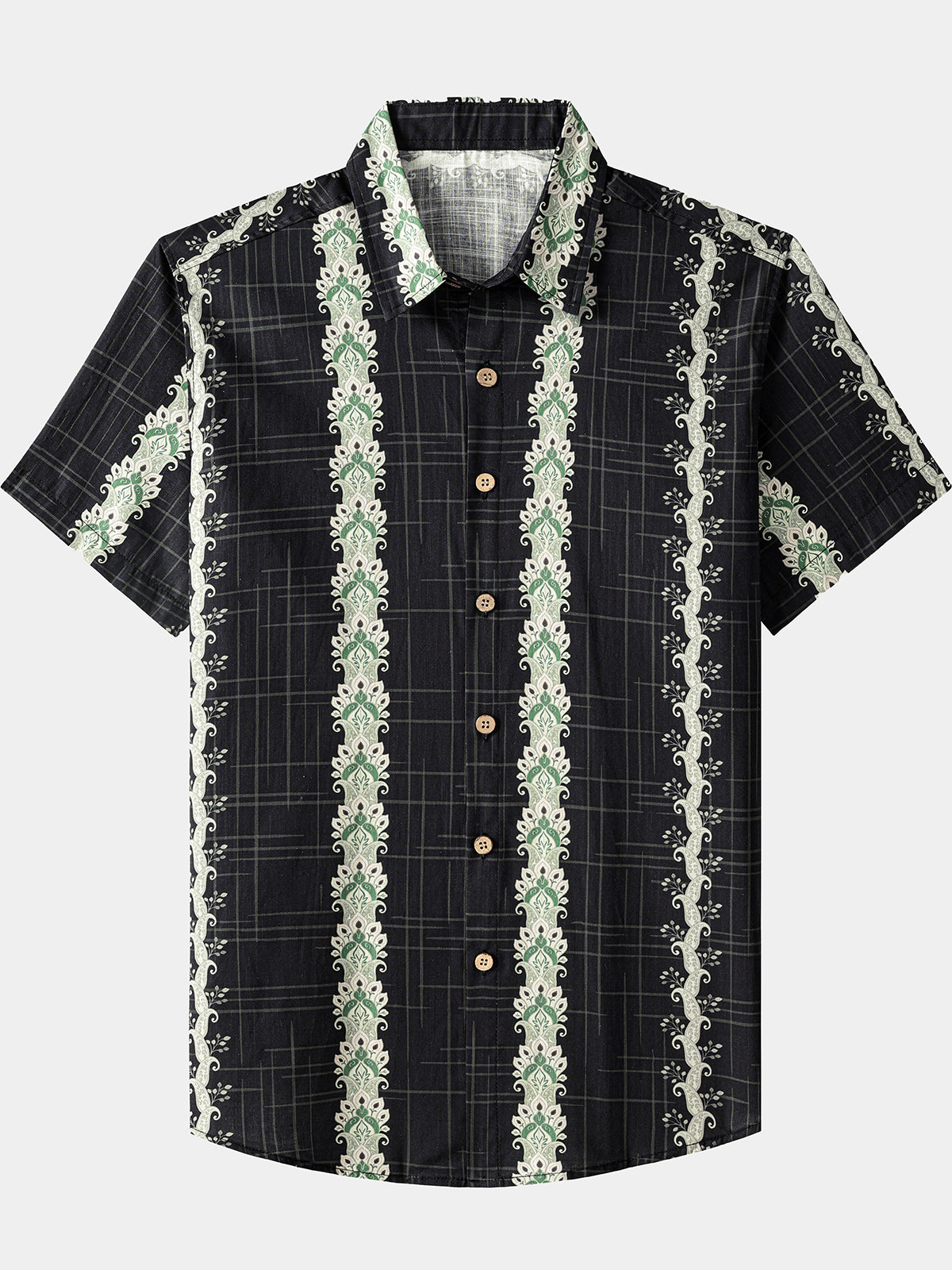 Men’s Vintage Hawaiian Botanical Stripe Cotton Breathable Summer Holiday Short Sleeve Shirt