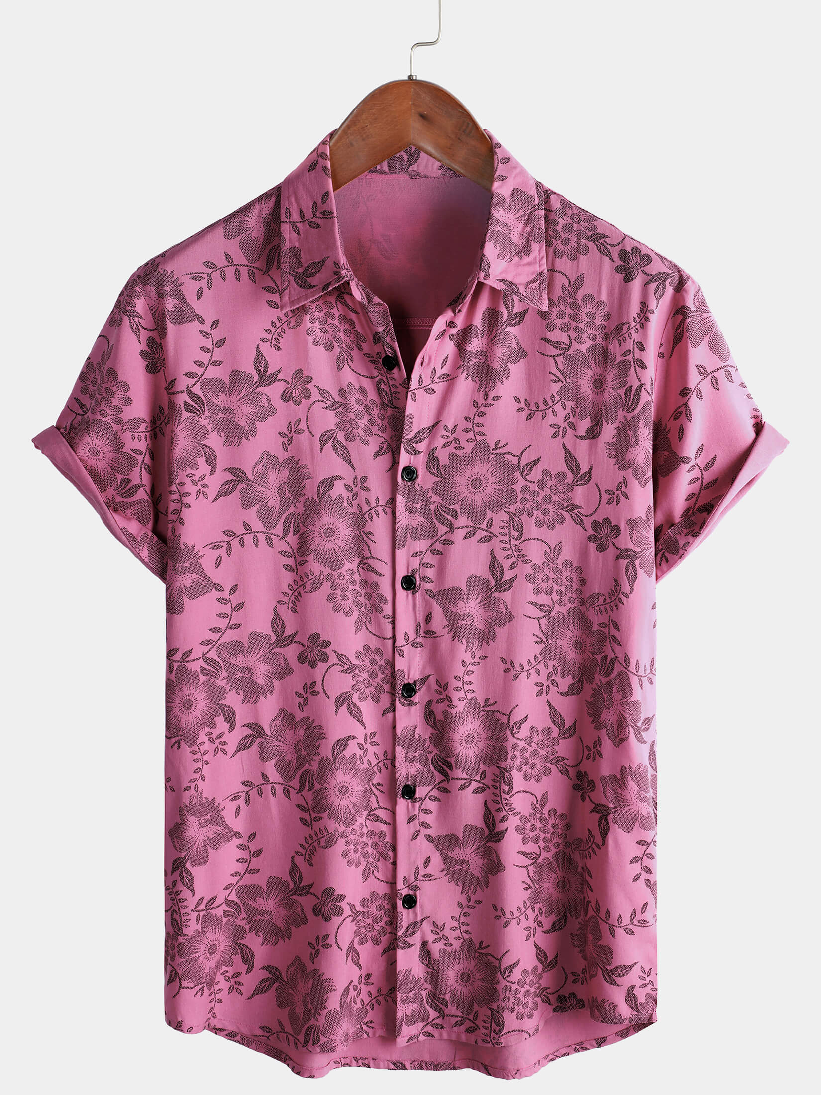 Men's Pink Floral Print Vintage Holiday Breathable Button Up Hawaiian Short Sleeve Shirt