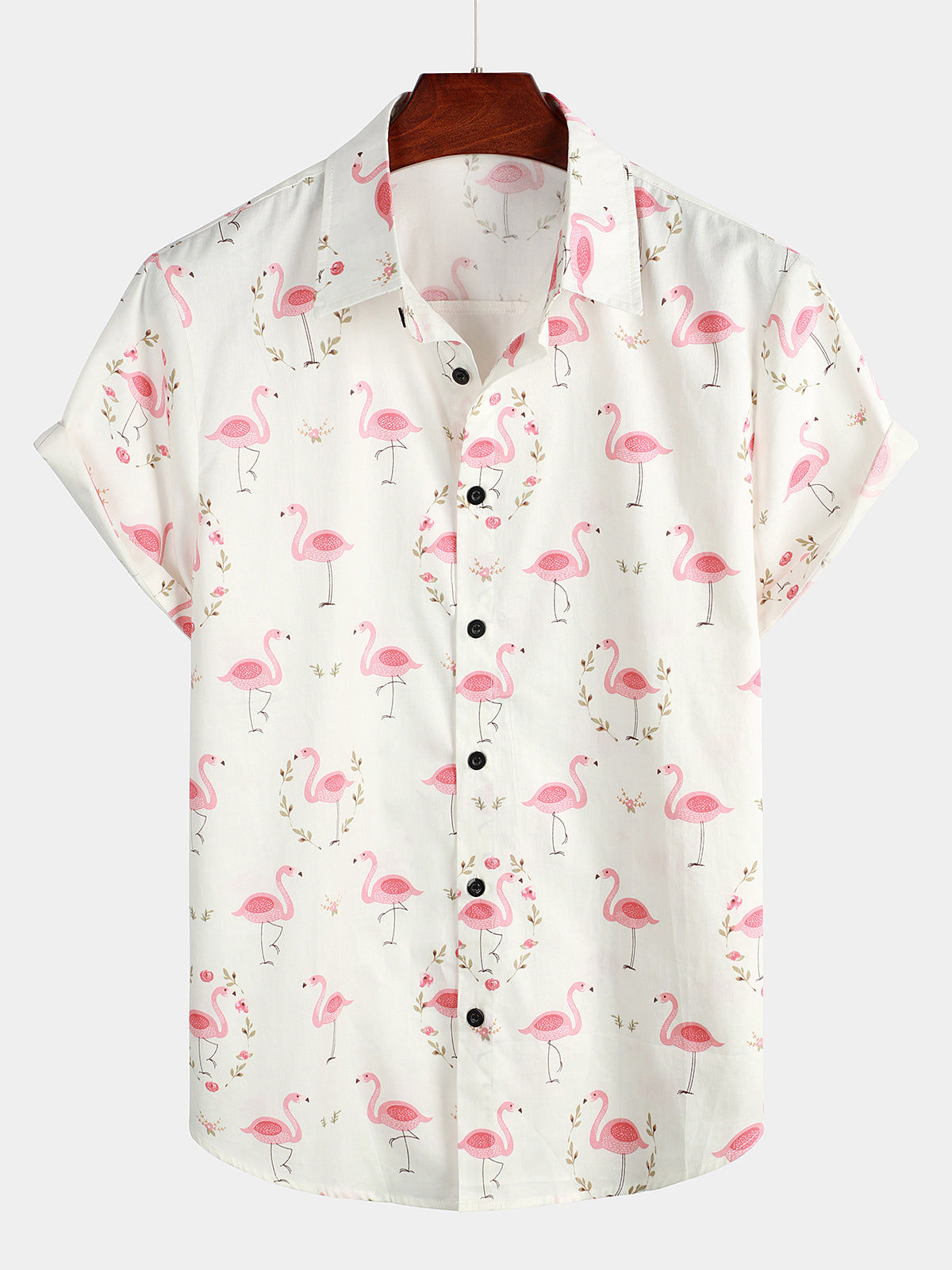 Men's Casual Cotton Flamingo Print Short Sleeve Shirt