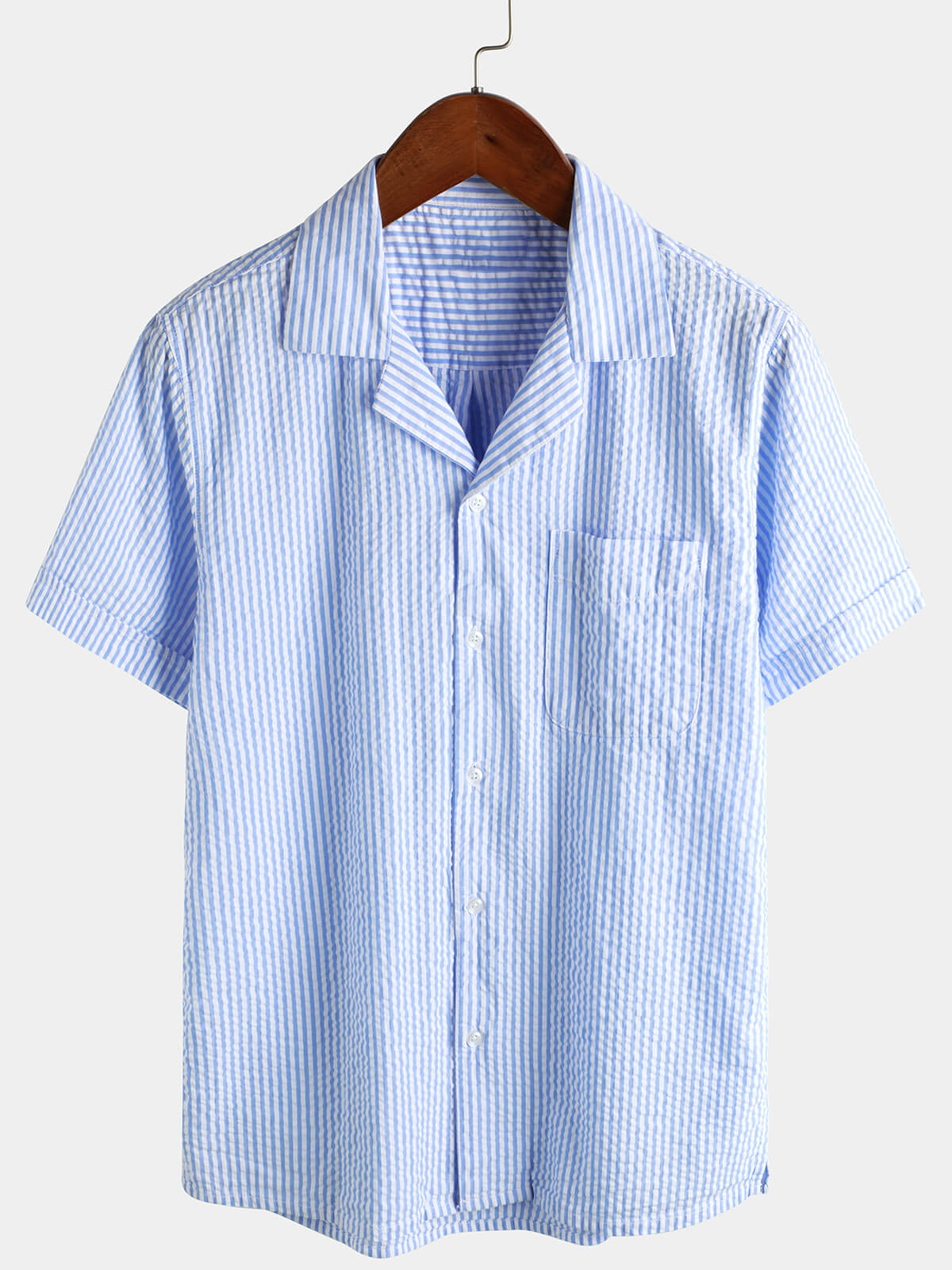Men's Striped Cotton Blue Summer Button Up Cuban Collar Camp Short Sleeve Beach Shirt