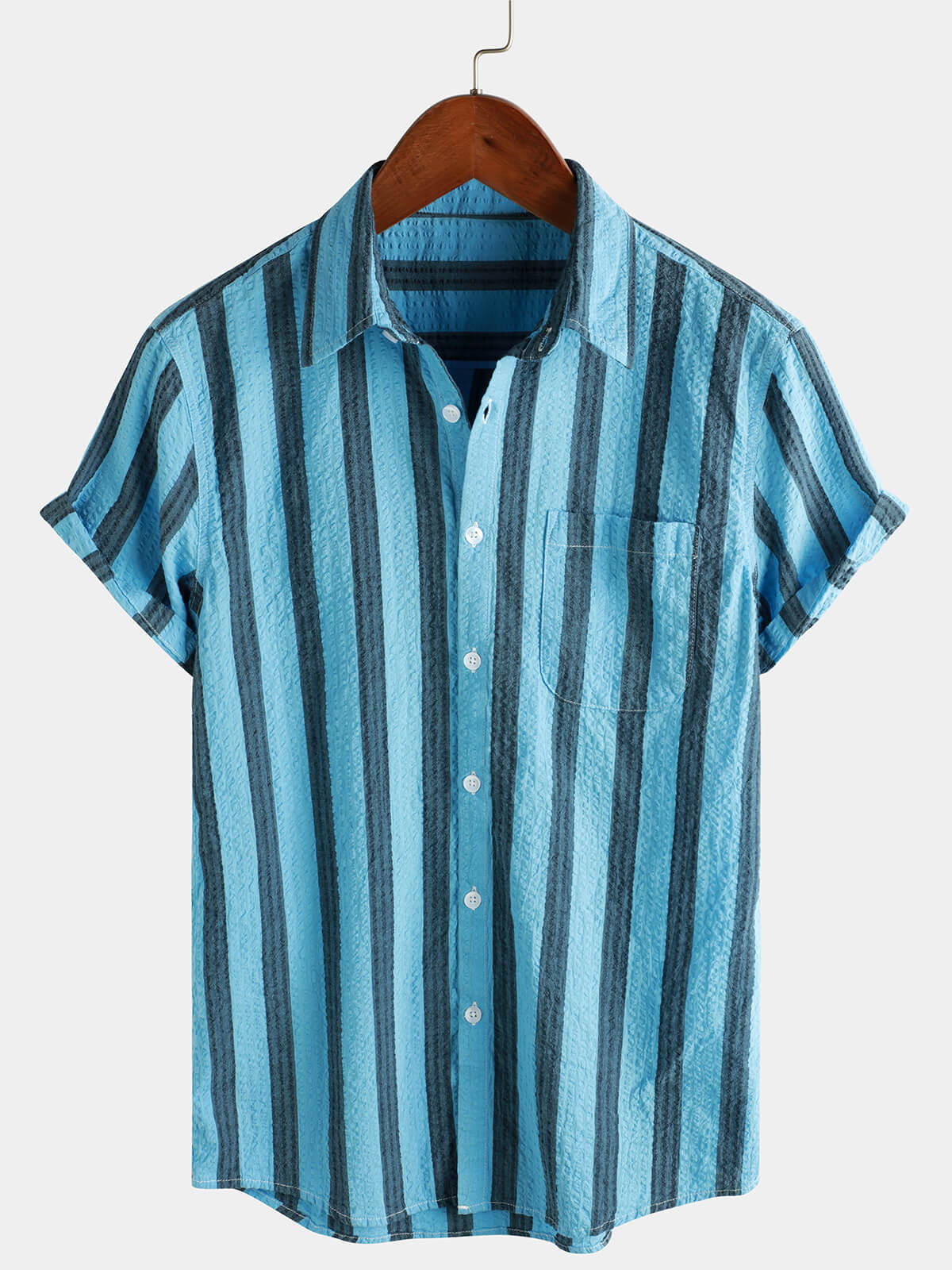 Men's Striped Cotton Casual Pocket Hawaiian Holiday Button Up Short Sleeve Shirt