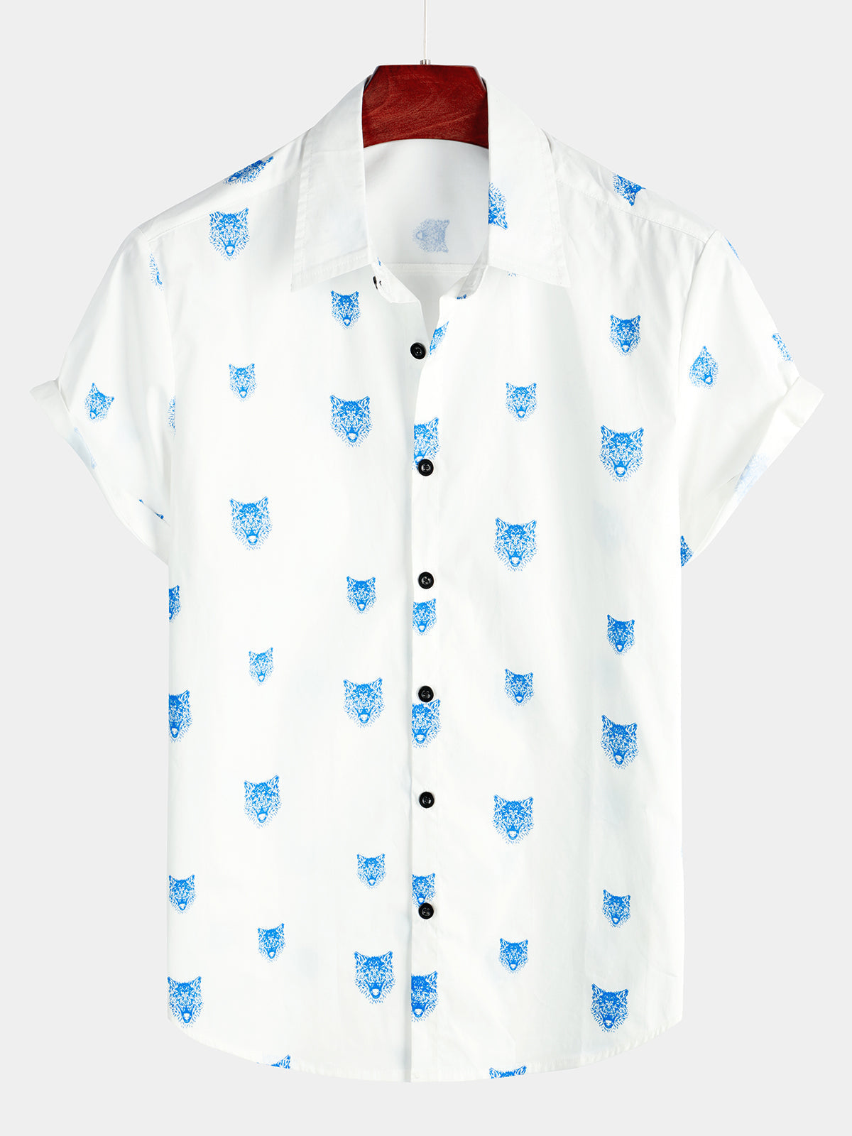 Men's Wolf Animal Print Button Casual Lapel White Short Sleeve Shirt