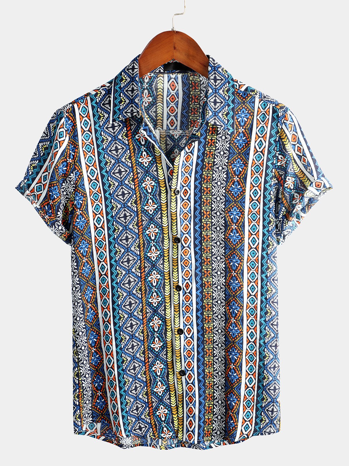 Men's Patchwork Printed Short Sleeve Cotton Shirt
