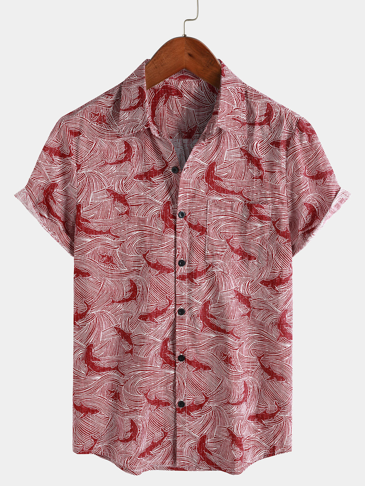 Men's Ocean Shark Beach Red Hawaiian Short Sleeve Shirt