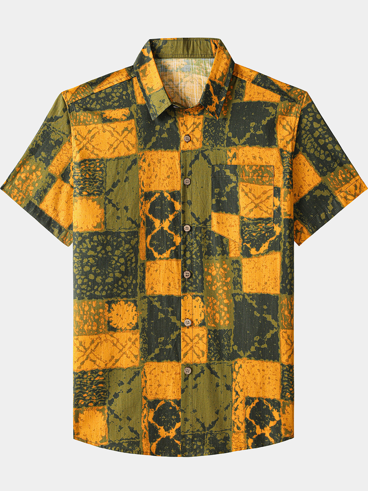 Men’s Vintage Geometric Check Pattern Cotton Breathable Summer Holiday Short Sleeve Shirt