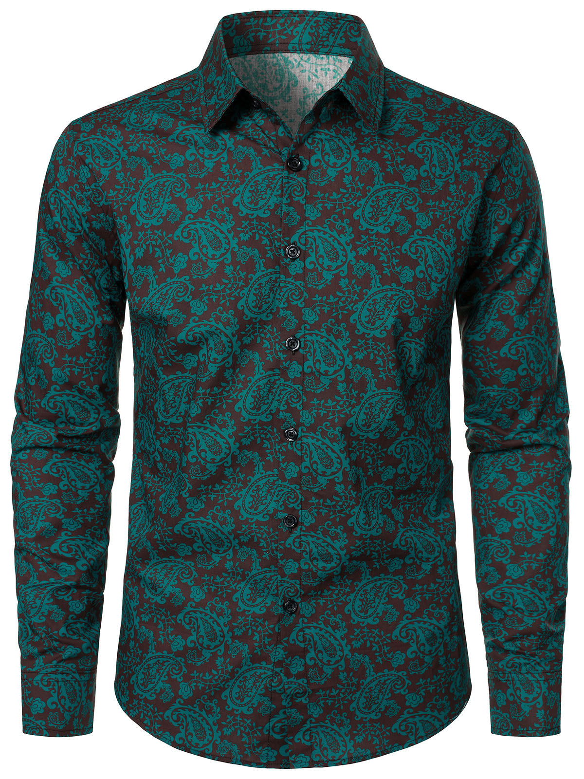 Men's Paisley Floral Green Cotton Long Sleeve Shirt