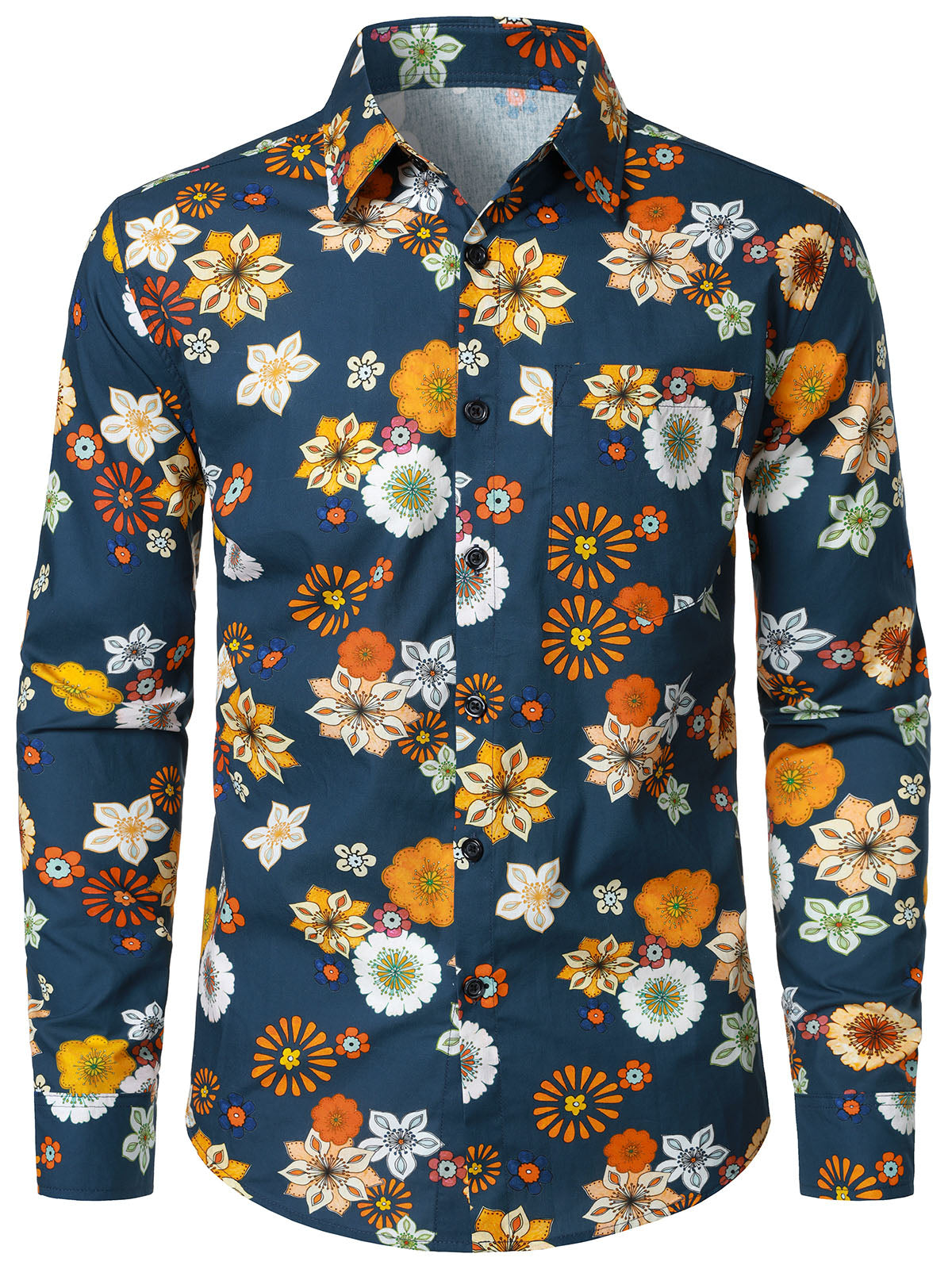 Men's Blue Floral Print Casual Long Sleeve Shirt