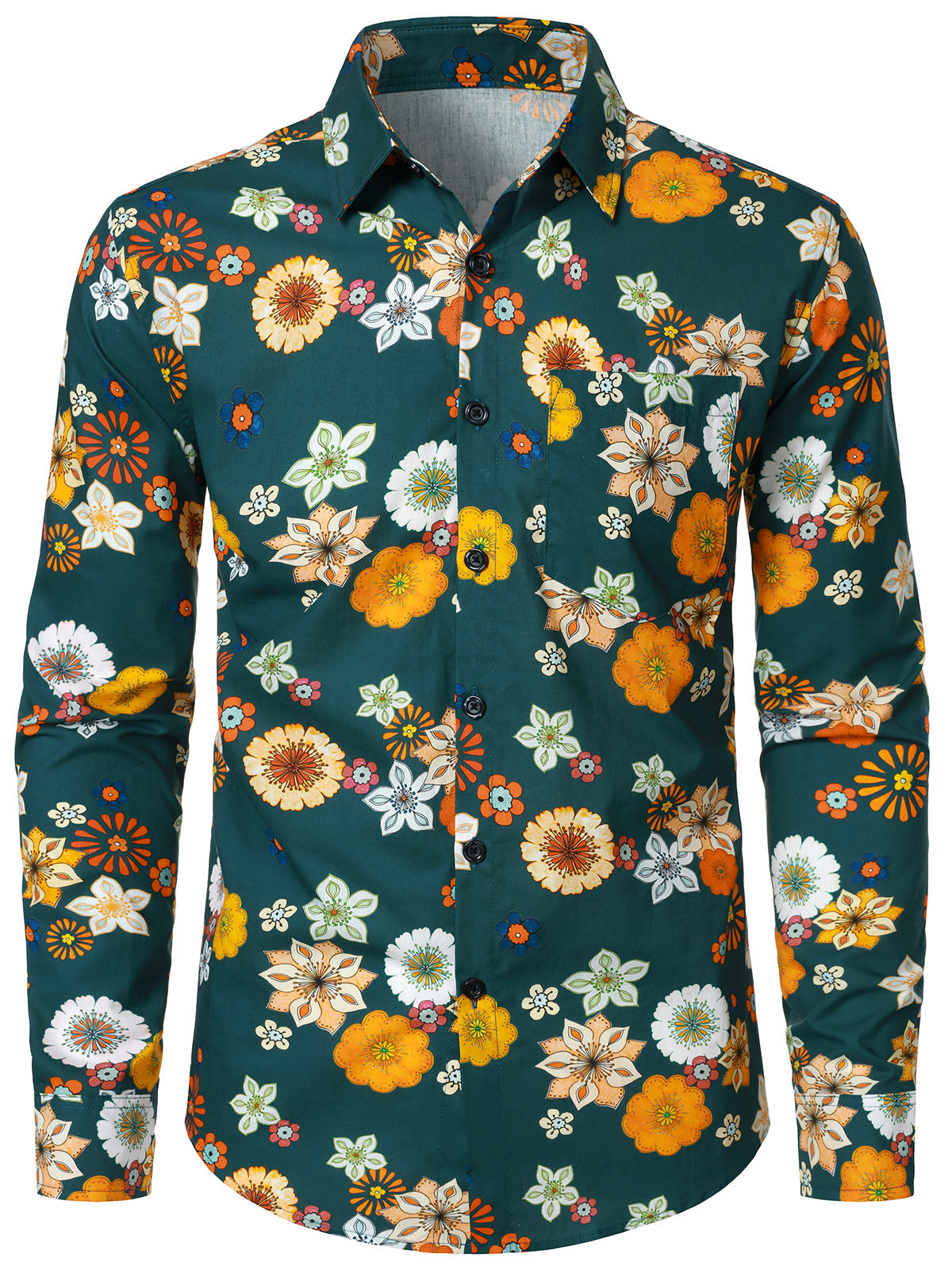 Men's Floral Print Green Casual Long Sleeve Shirt