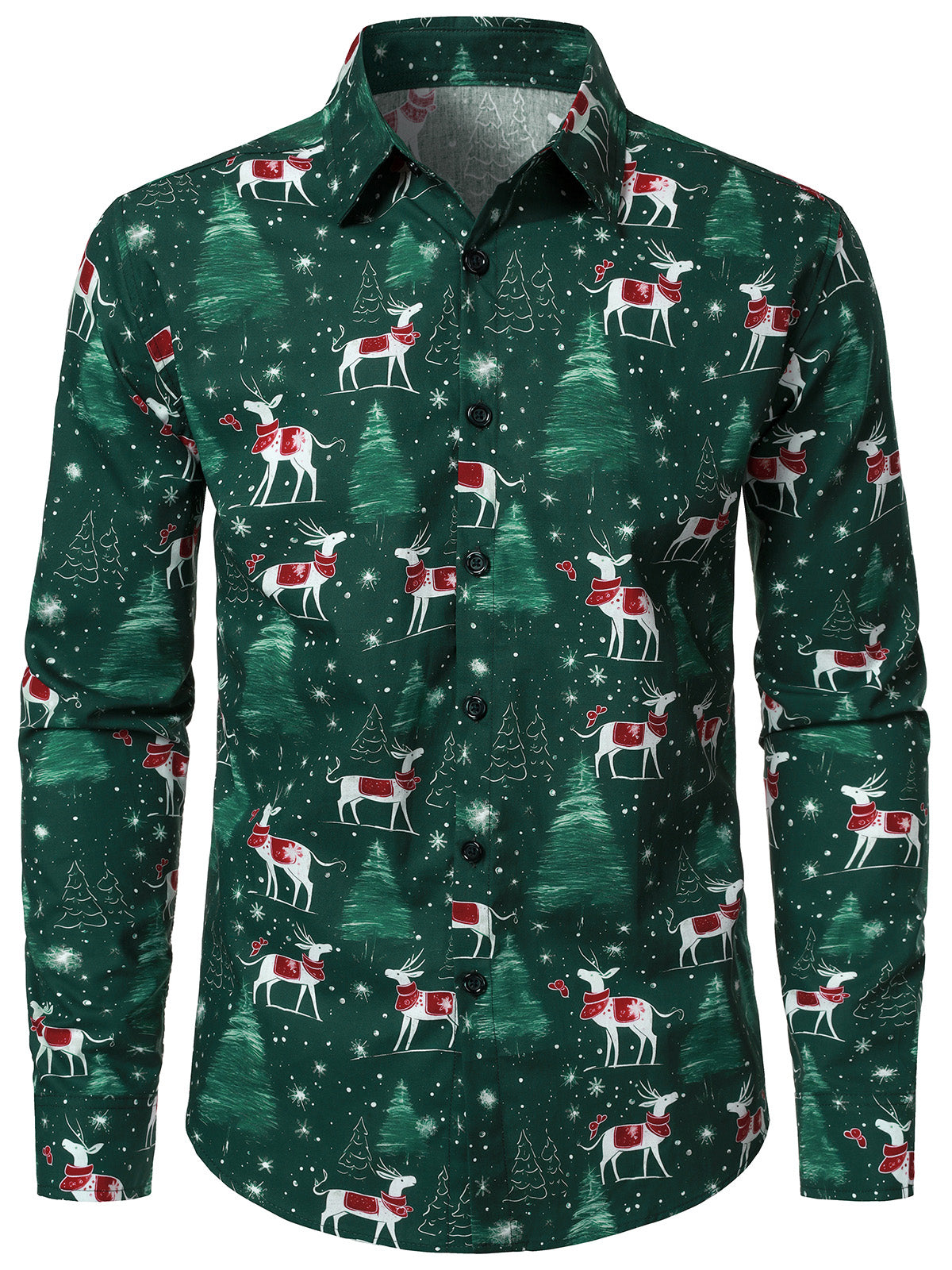 Men's Christmas Tree Reindeer Print Long Sleeve Cotton Shirt