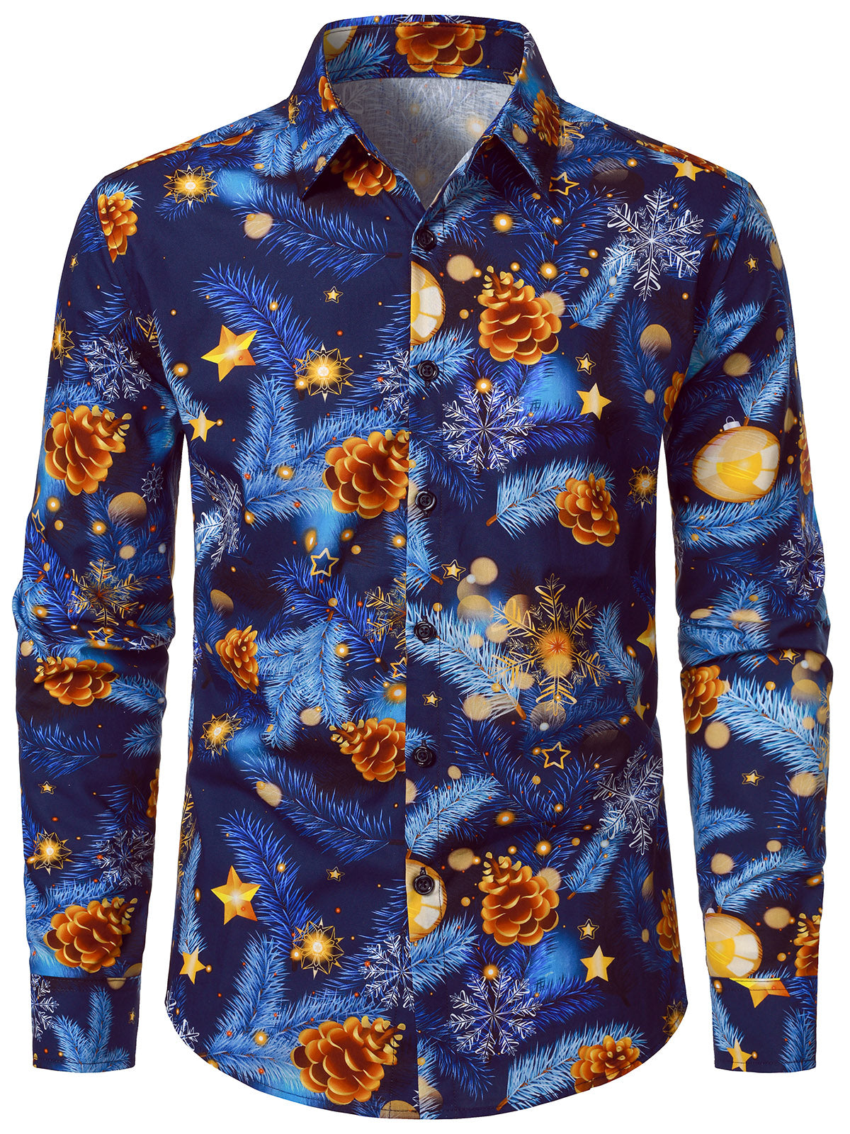 Men's Christmas Tree Print Cotton Holiday Blue Long Sleeve Shirt