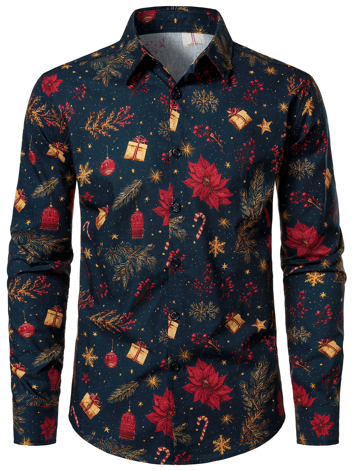 Men's Cotton Navy Blue Christmas Long Sleeve Shirt