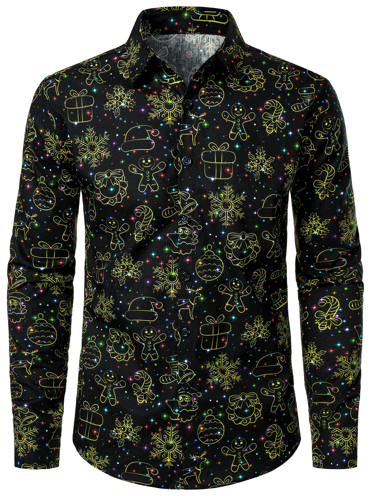 Men's Christmas Black Shiny Funny Long Sleeve Cotton Shirt
