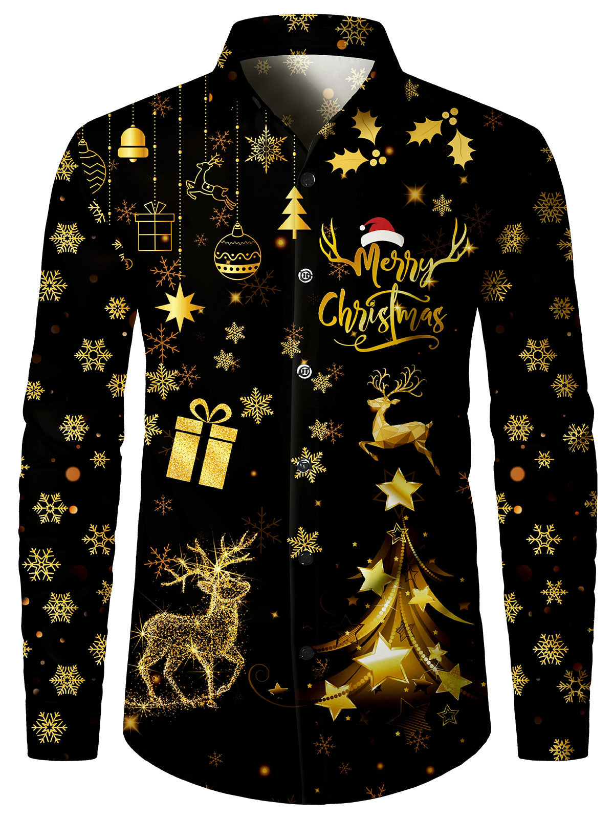 Men's Golden Merry Christmas Print Long Sleeve Holiday Shirt