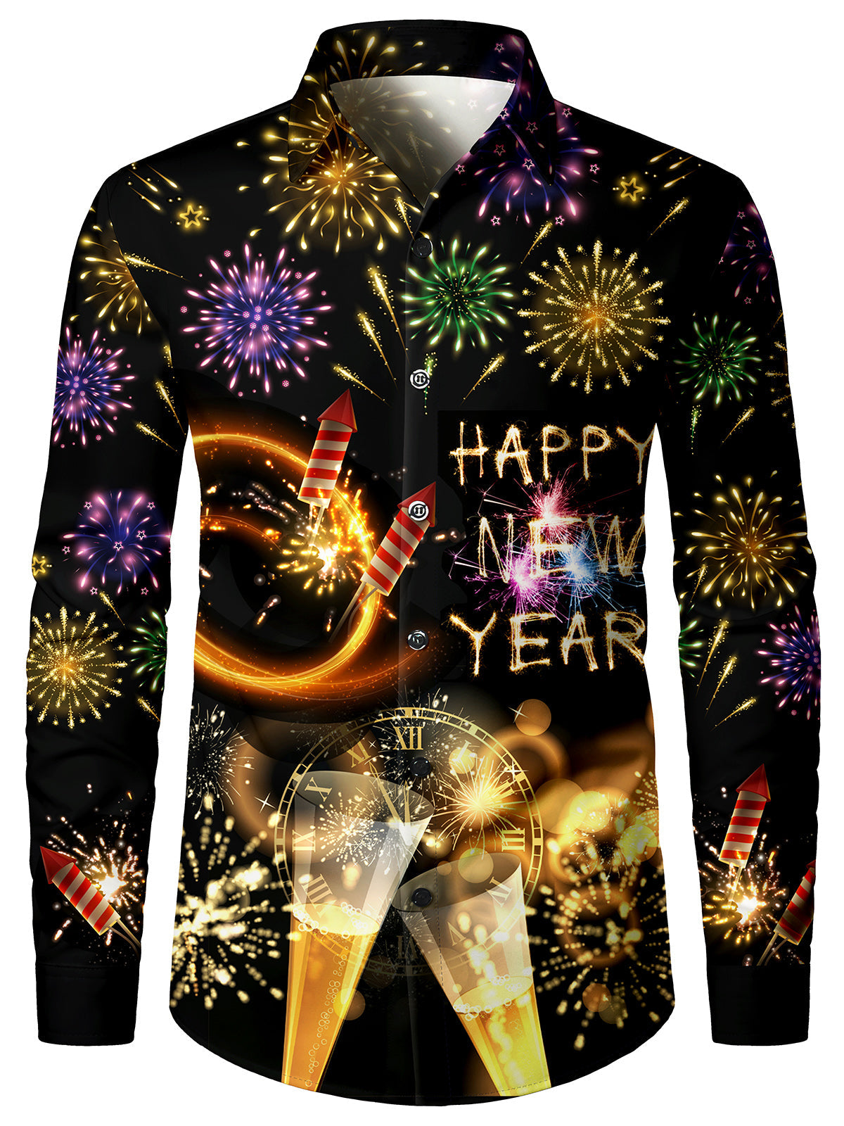 Men's Happy New Year Fireworks Print Long Sleeve Holiday Shirt