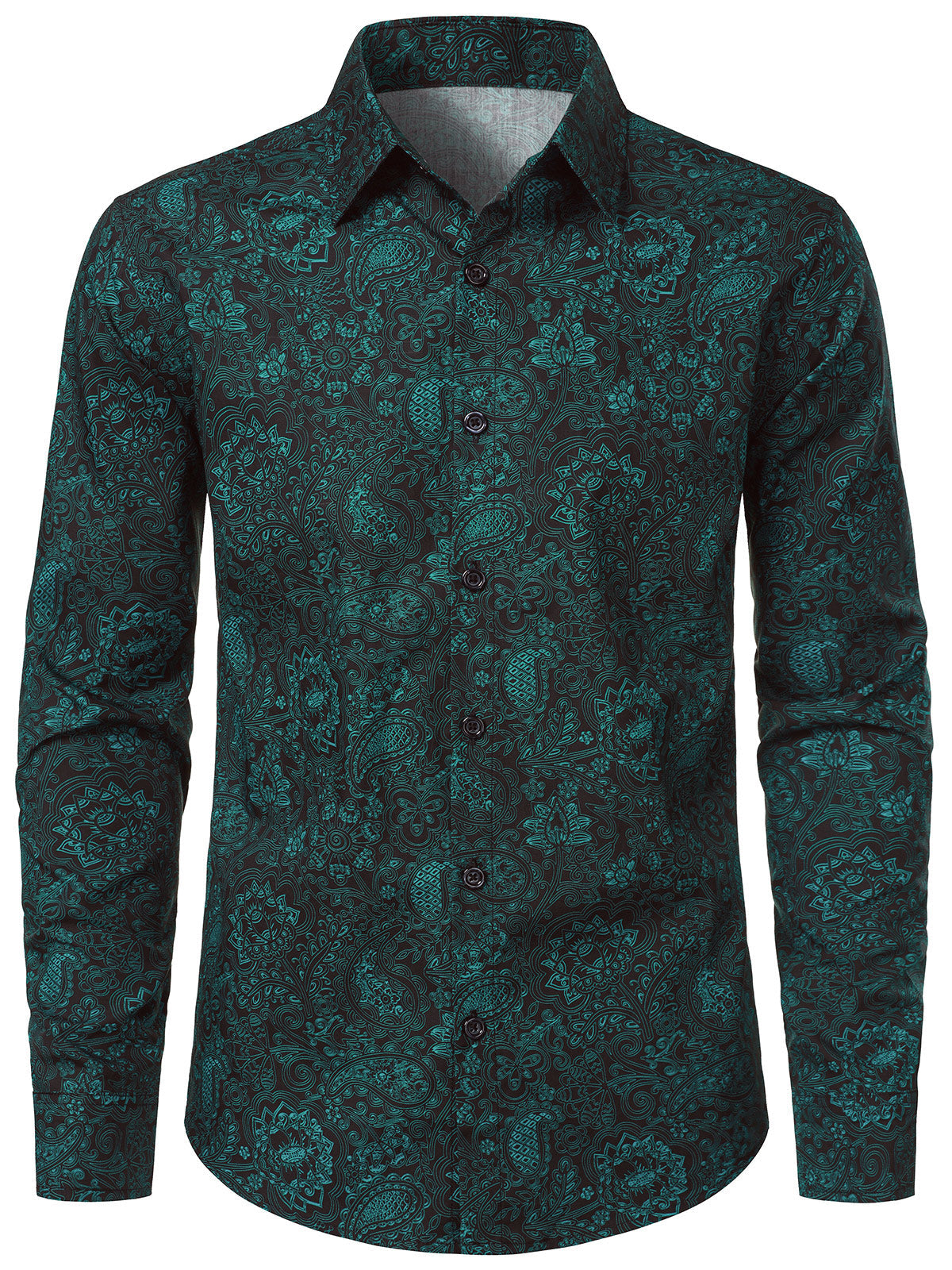 Men's Vintage Green Paisley Cotton Retro Long Sleeve Shirt