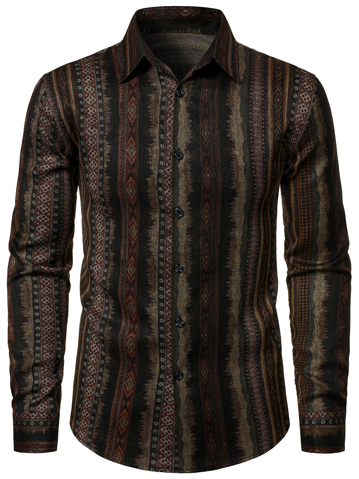 Men's Vintage Striped 70s Button Up Brown Long Sleeve Shirt