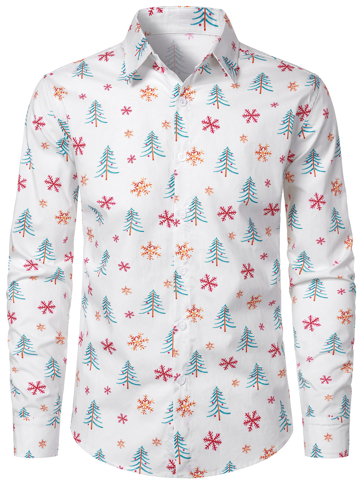 Men's Christmas Snowflake Reindeer Print White Long Sleeve Shirt