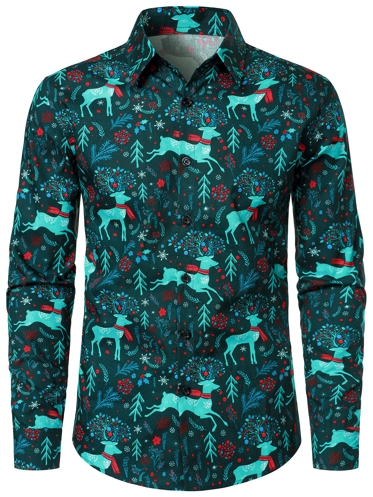 Men's Green Christmas Reindeer Holiday Cotton Long Sleeve Shirt