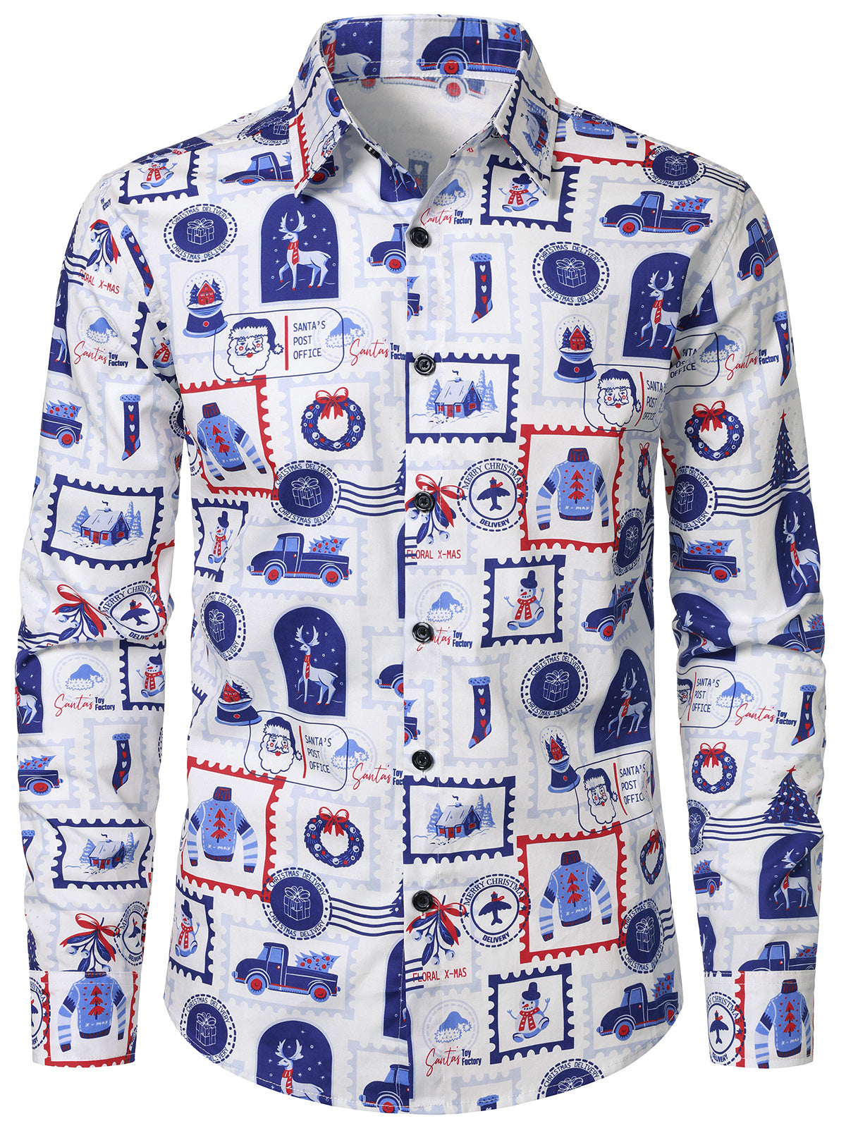 Men's Christmas Santa Claus Stamp Pattern Long Sleeve Shirt