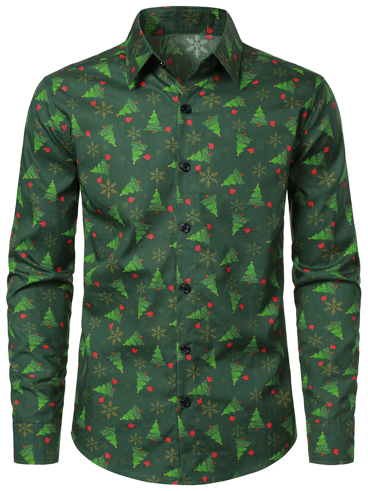 Men's Christmas Tree Snowflake Pattern Long Sleeve Holiday Shirt