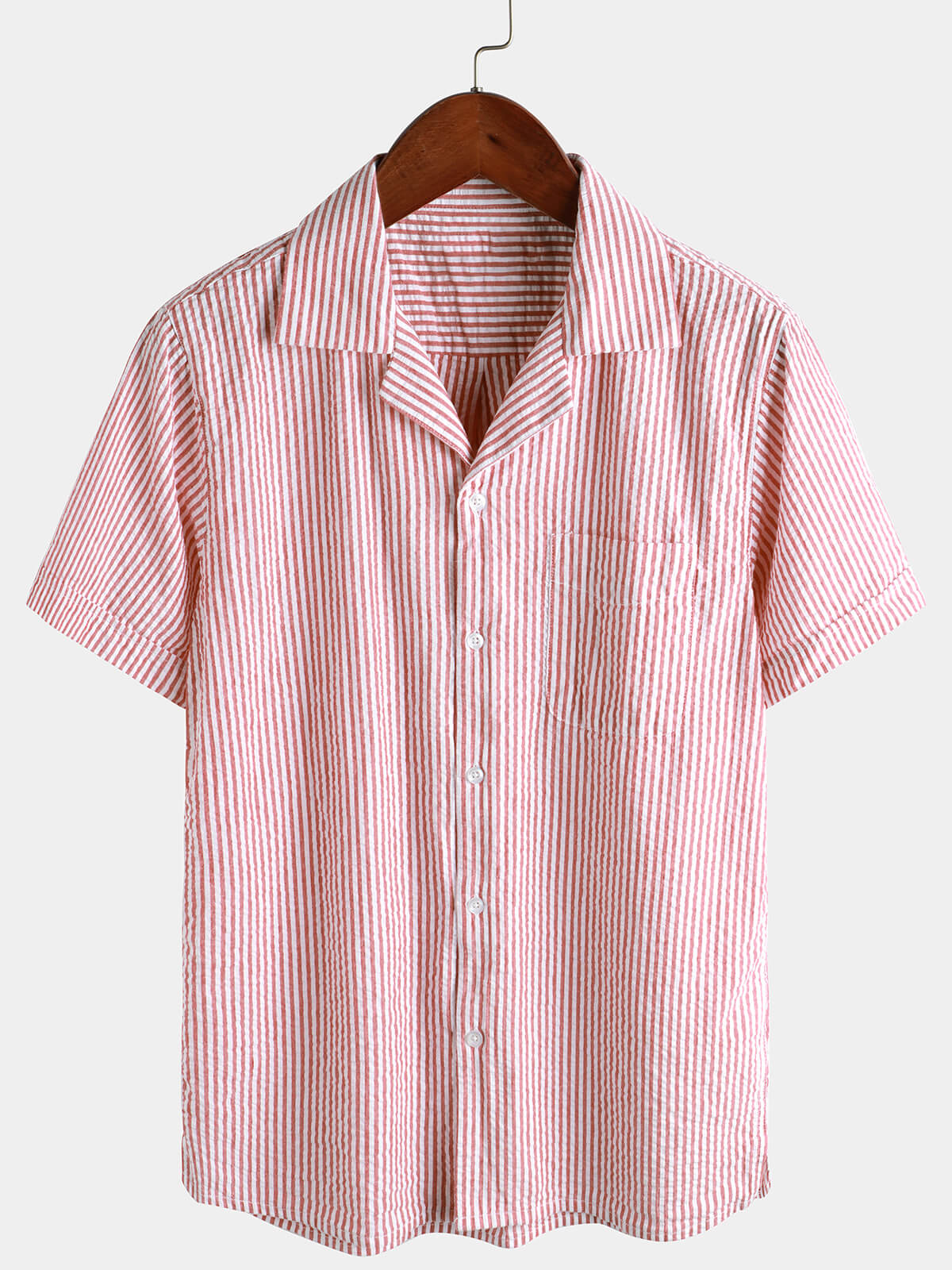 Men's Breathable Striped Cotton Button Up Summer Cuban Collar Camp Short Sleeve Beach Shirt