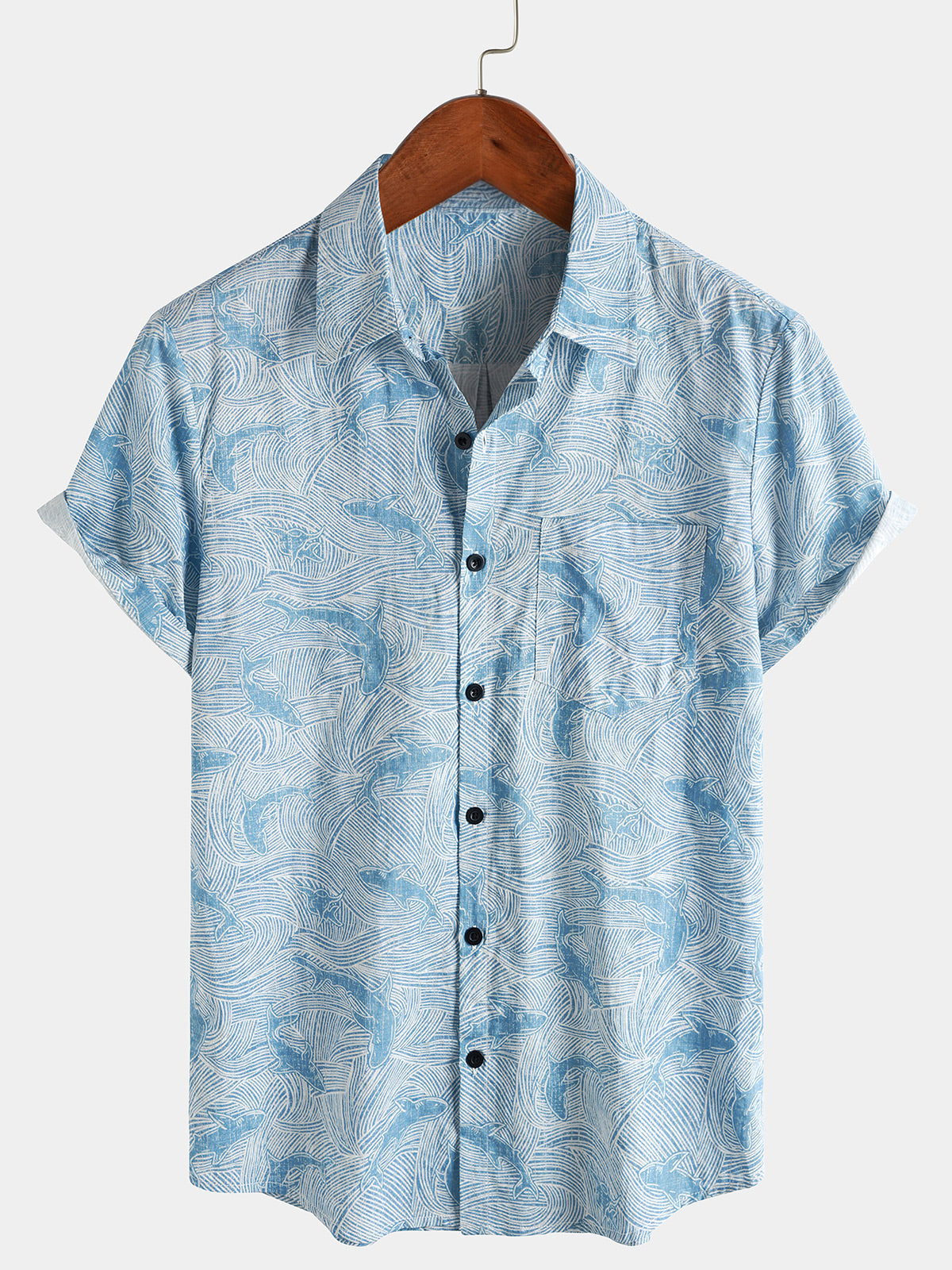 Men's Blue Ocean Shark Beach Summer Hawaiian Short Sleeve Shirt
