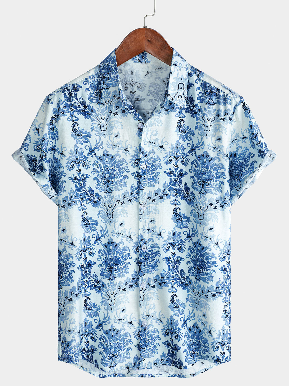 Men's Blue Floral Print Hawaiian Short Sleeve Shirt