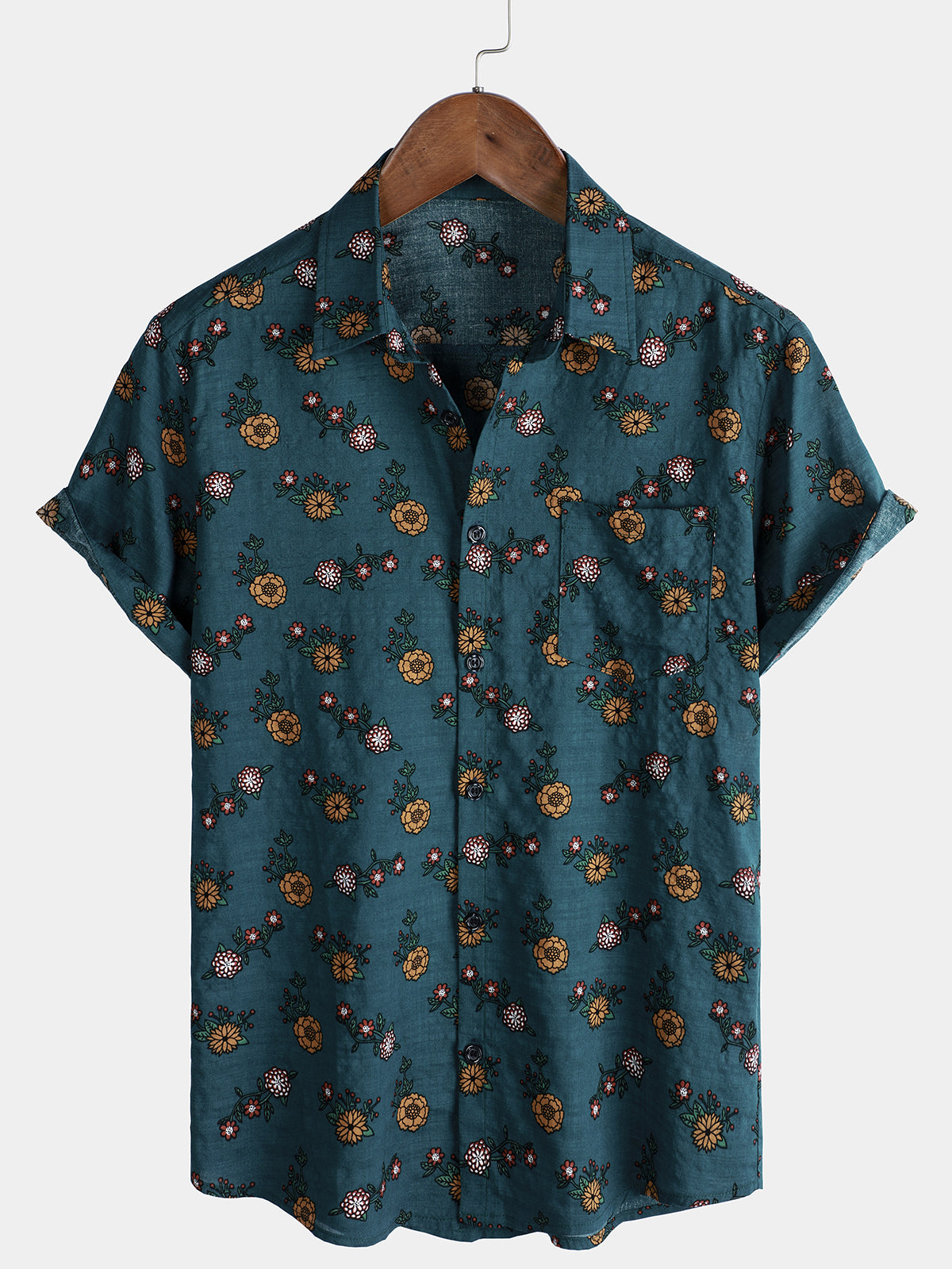 Men's Floral Print Vintage Blue Hawaiian Short Sleeve Shirt