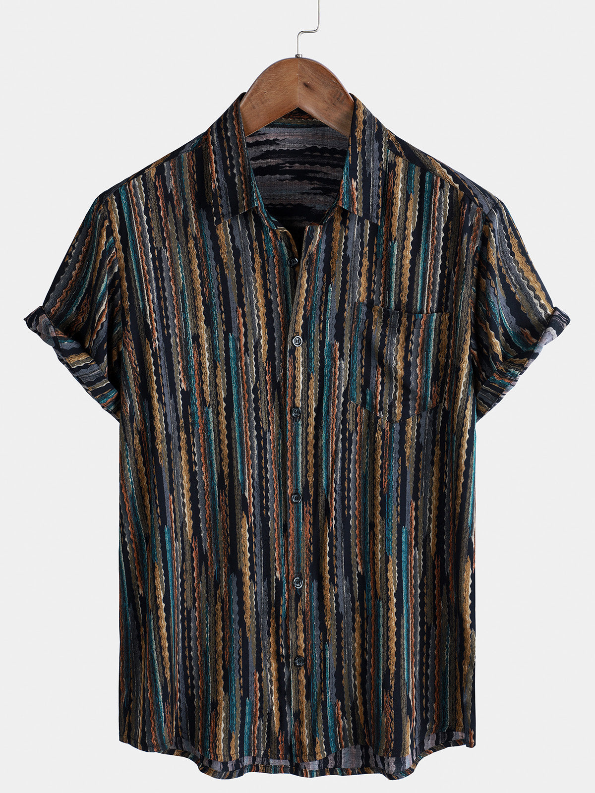 Men's Striped Vintage Holiday Button Short Sleeve Shirt