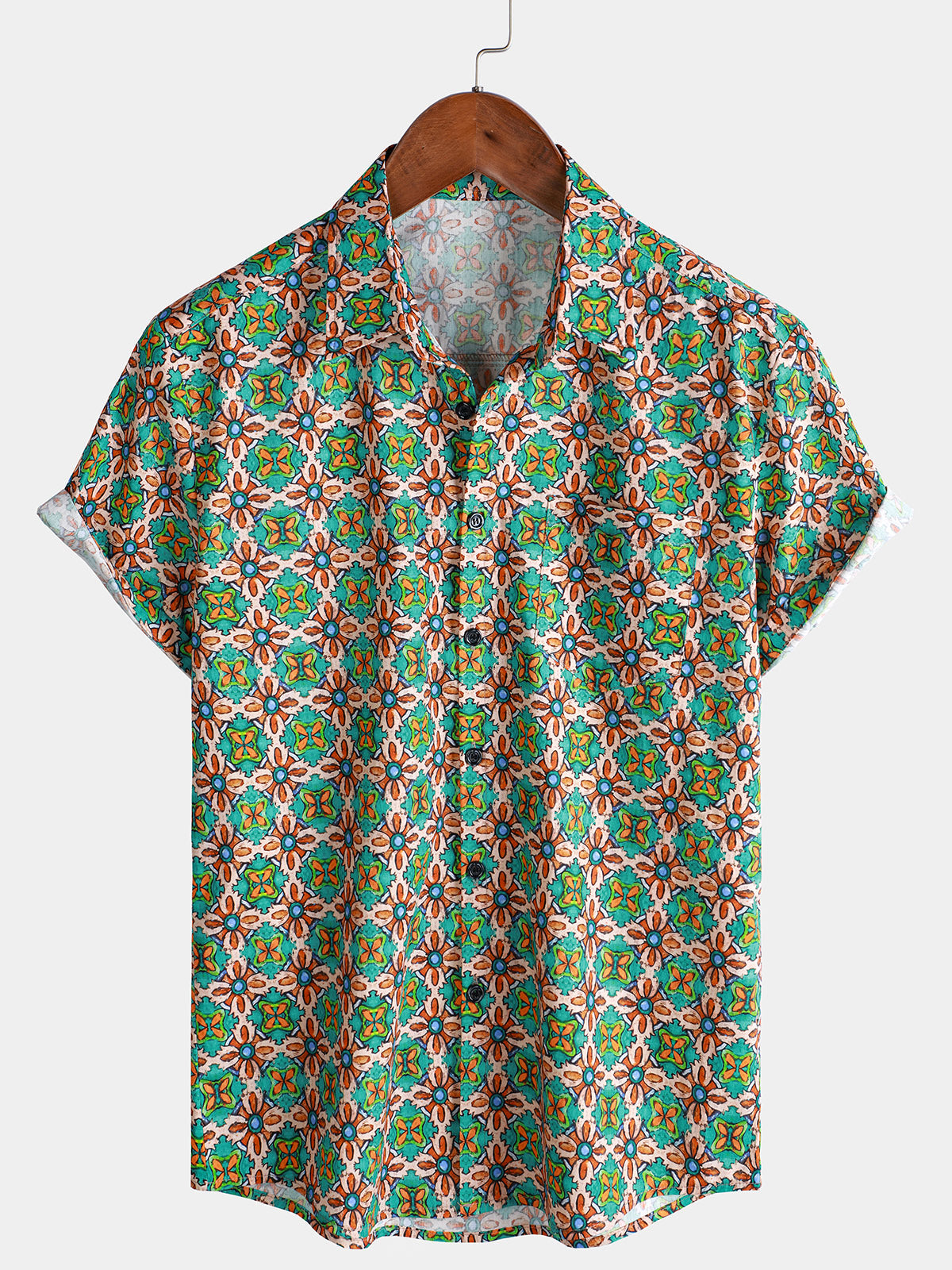 Men's Casual Green Floral Print Cotton Short Sleeve Shirt