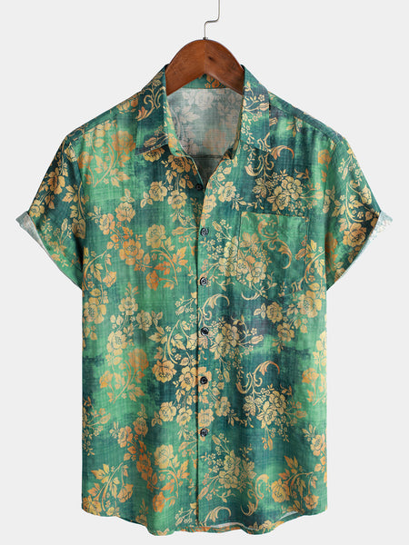 Men's Green Floral Print Pocket Short Sleeve Shirt
