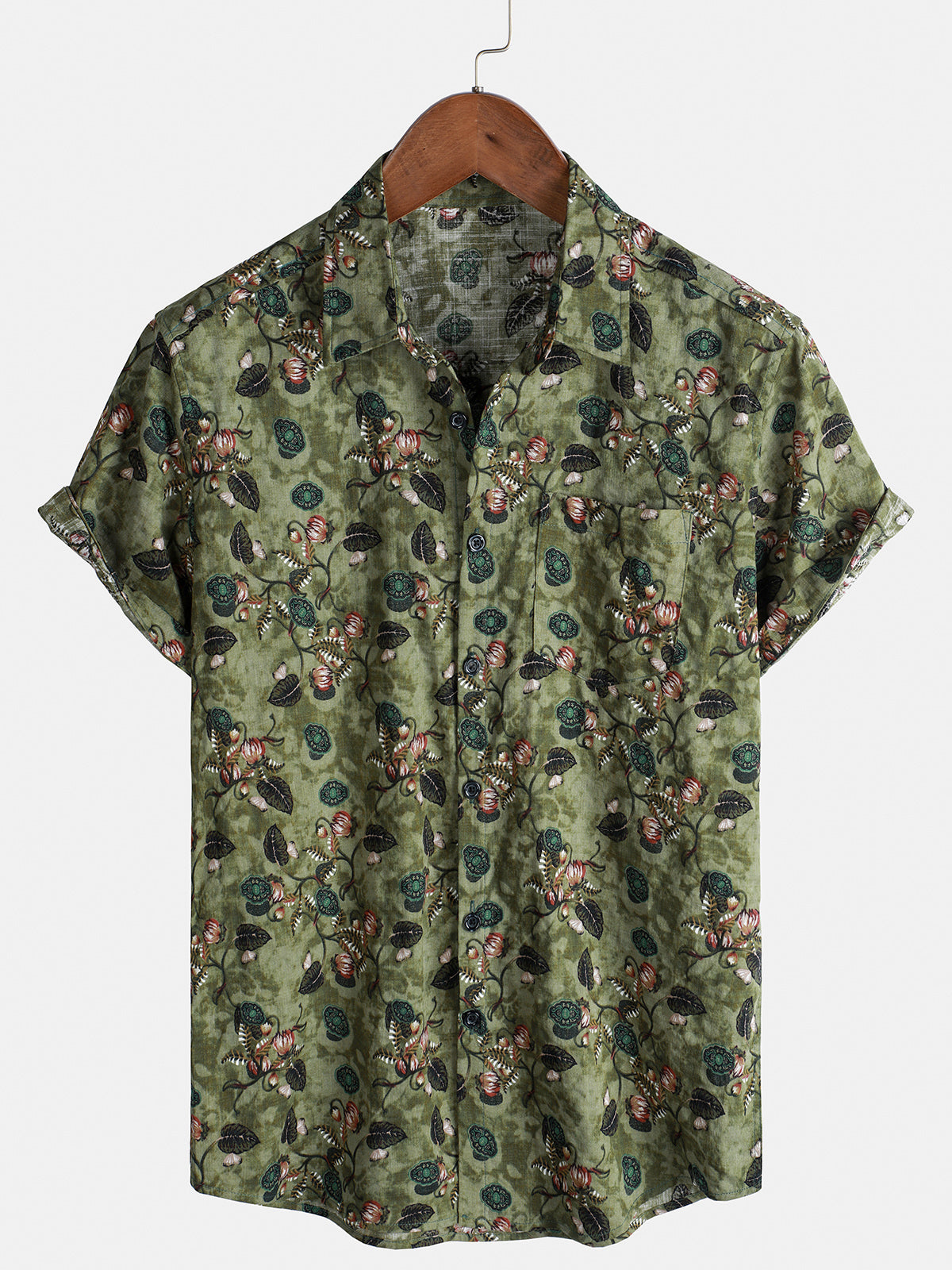 Men's Green Floral Print Summer Pocket Short Sleeve Shirt