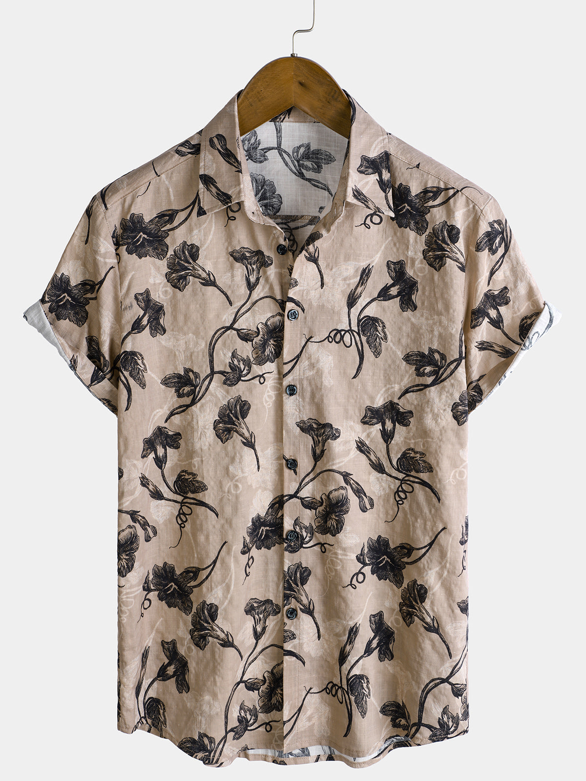 Men's Khaki Floral Print Button Short Sleeve Hawaiian Shirt