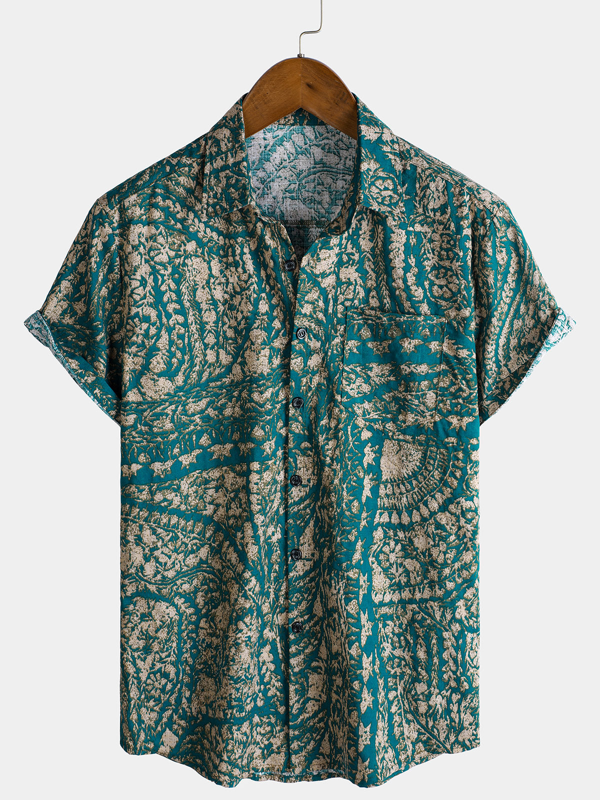 Men's Breathable Art Print Holiday Button Up Short Sleeve Shirt