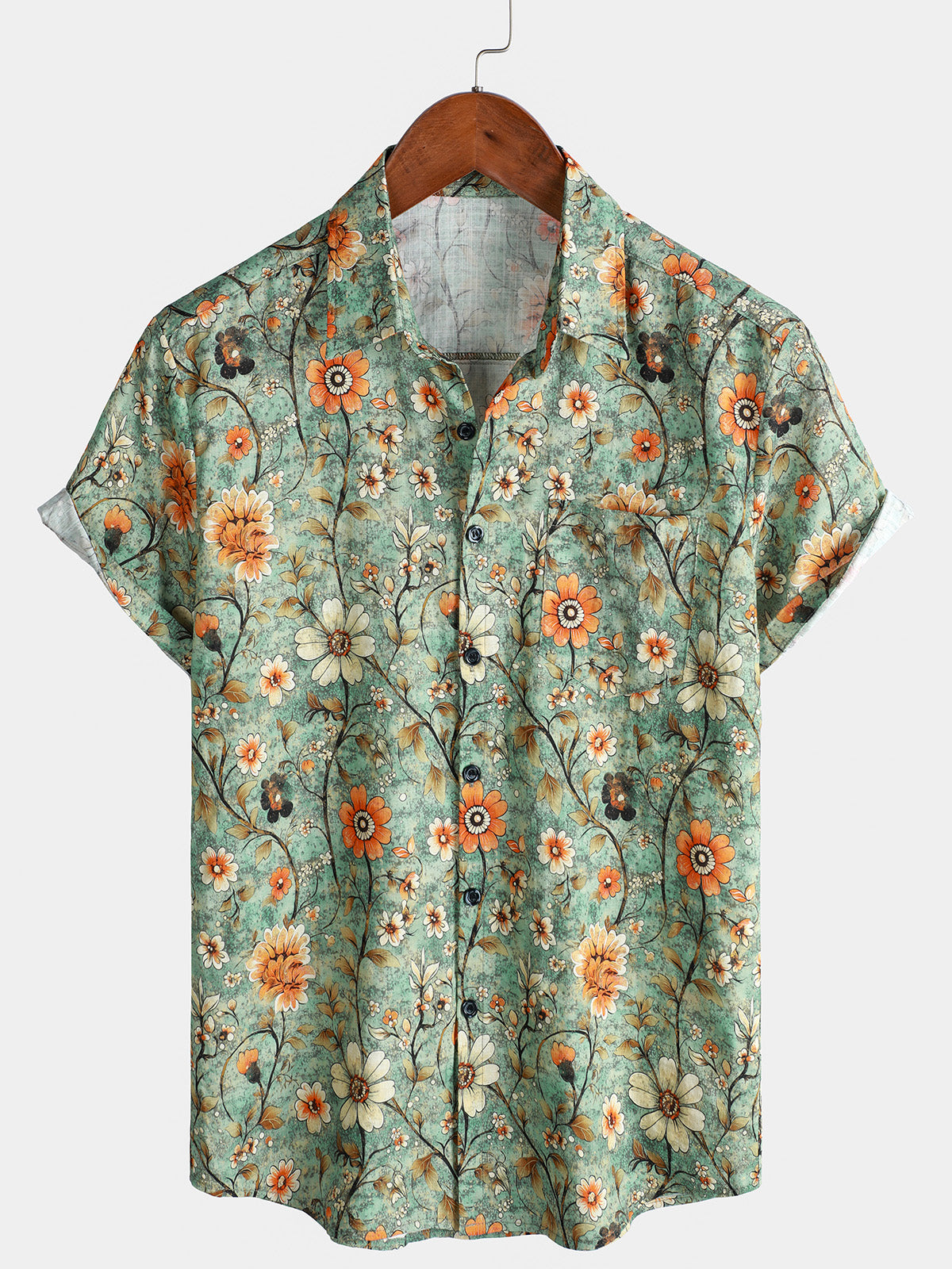 Men's Green Floral Print Summer Short Sleeve Hawaiian Shirt