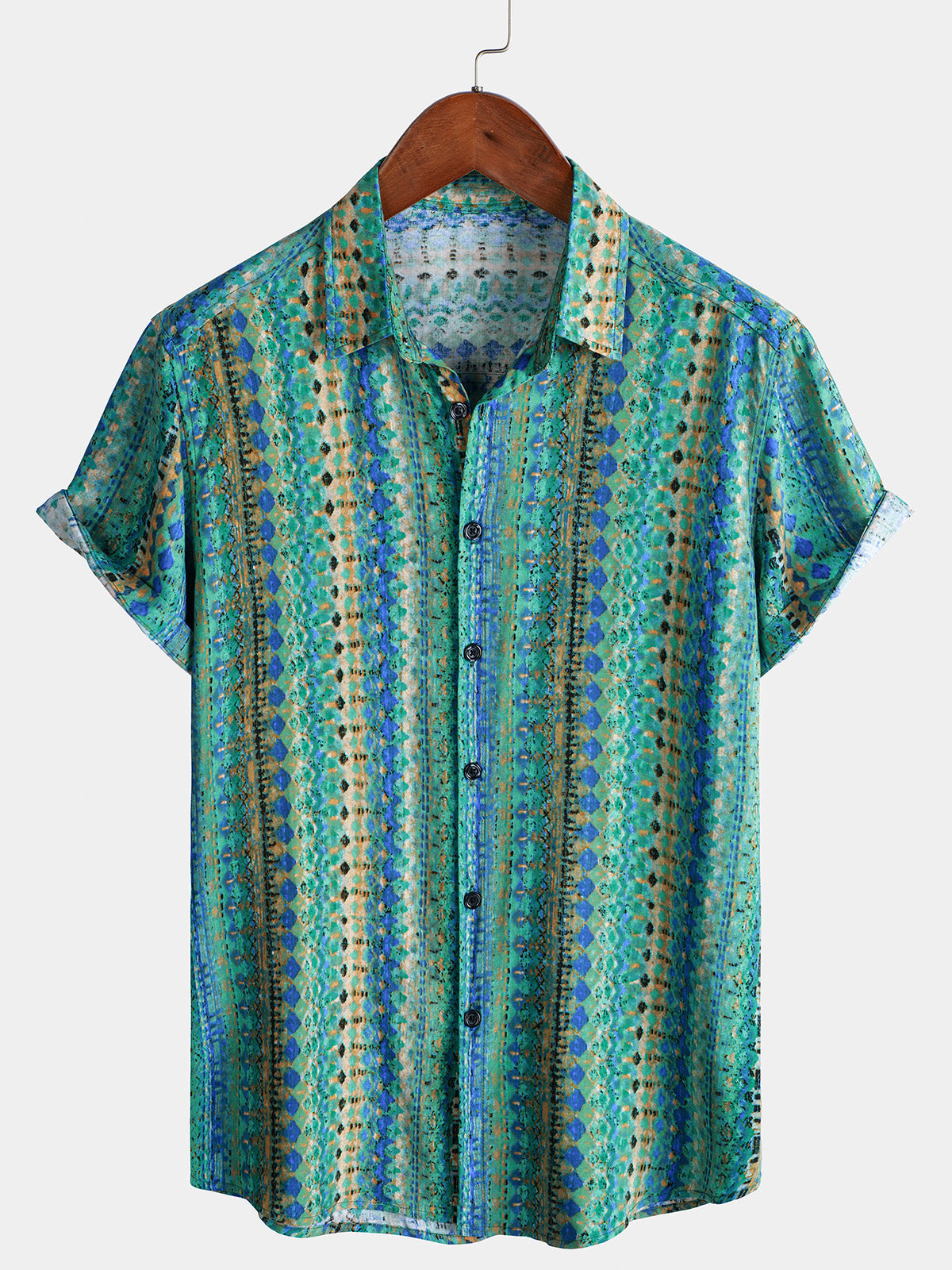 Men's Casual Teal Striped Button Short Sleeve Shirt