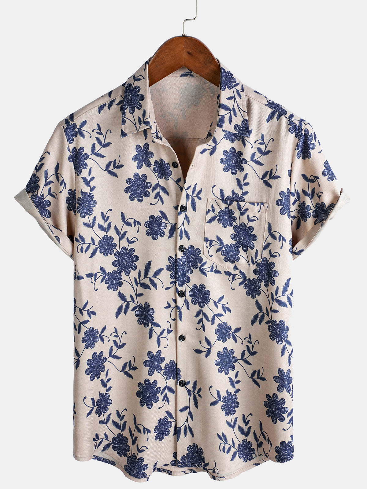 Men's Holiday Blue Floral Print Button Short Sleeve Hawaiian Shirt