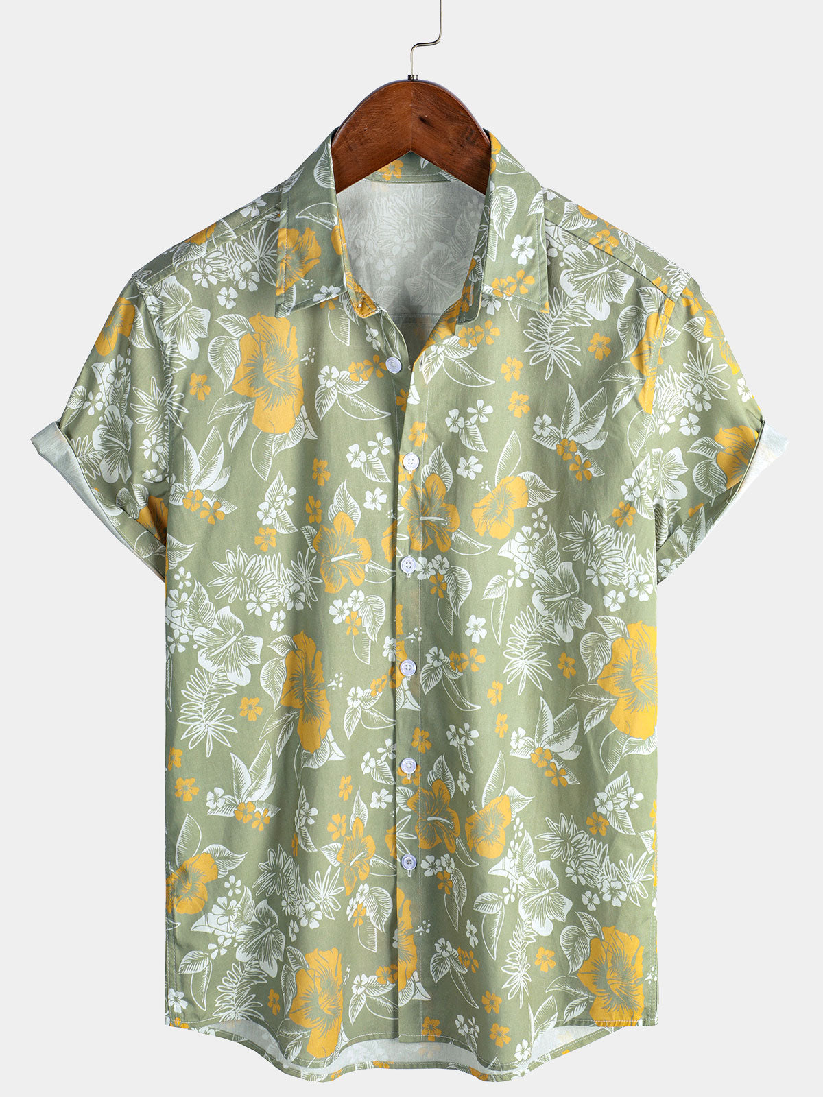 Men's Floral Print Green Hawaiian Aloha Short Sleeve Shirt