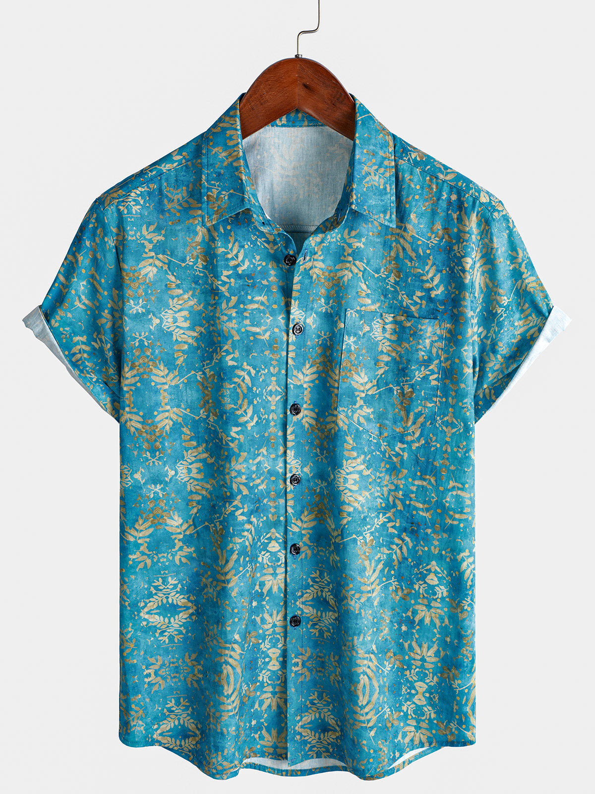 Men's Blue Hawaiian Beach Button Up Short Sleeve Shirt