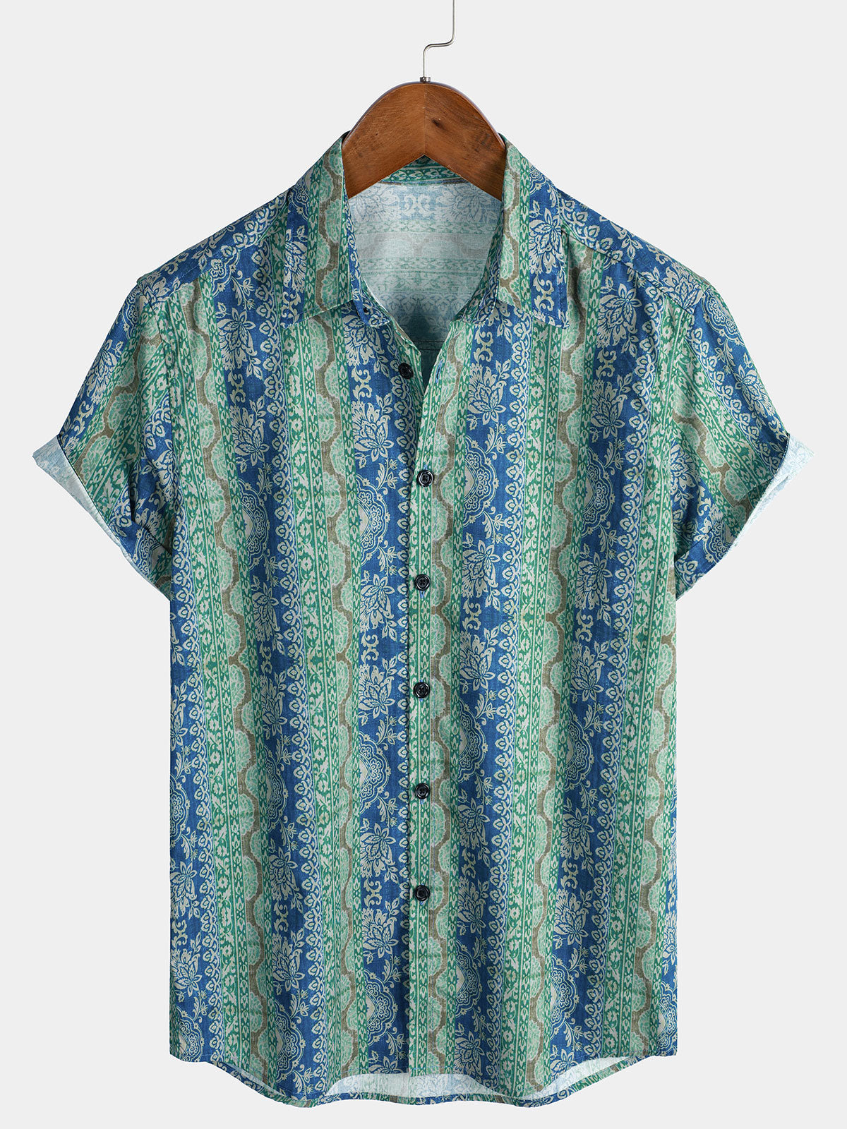 Men's Blue Striped Floral Vintage Short Sleeve Shirt