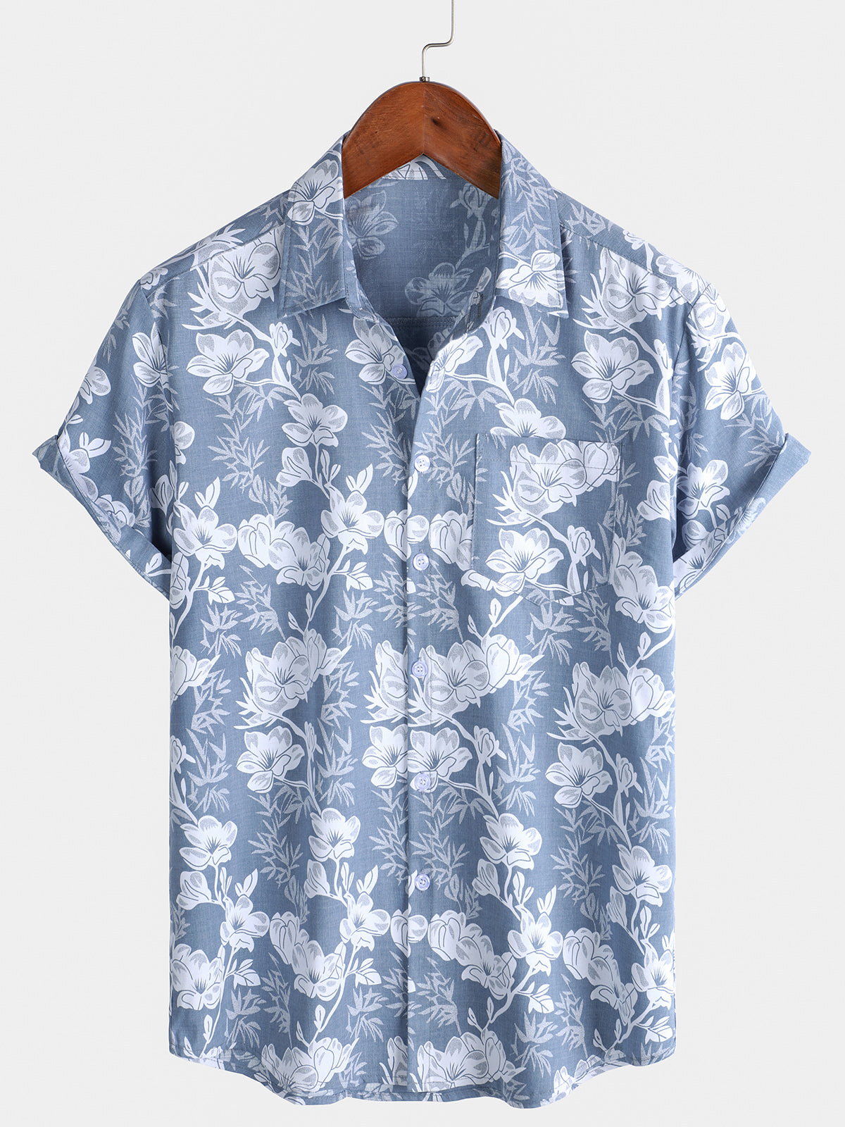 Men's Blue Floral Short Sleeve Cotton Summer Button Up Shirt