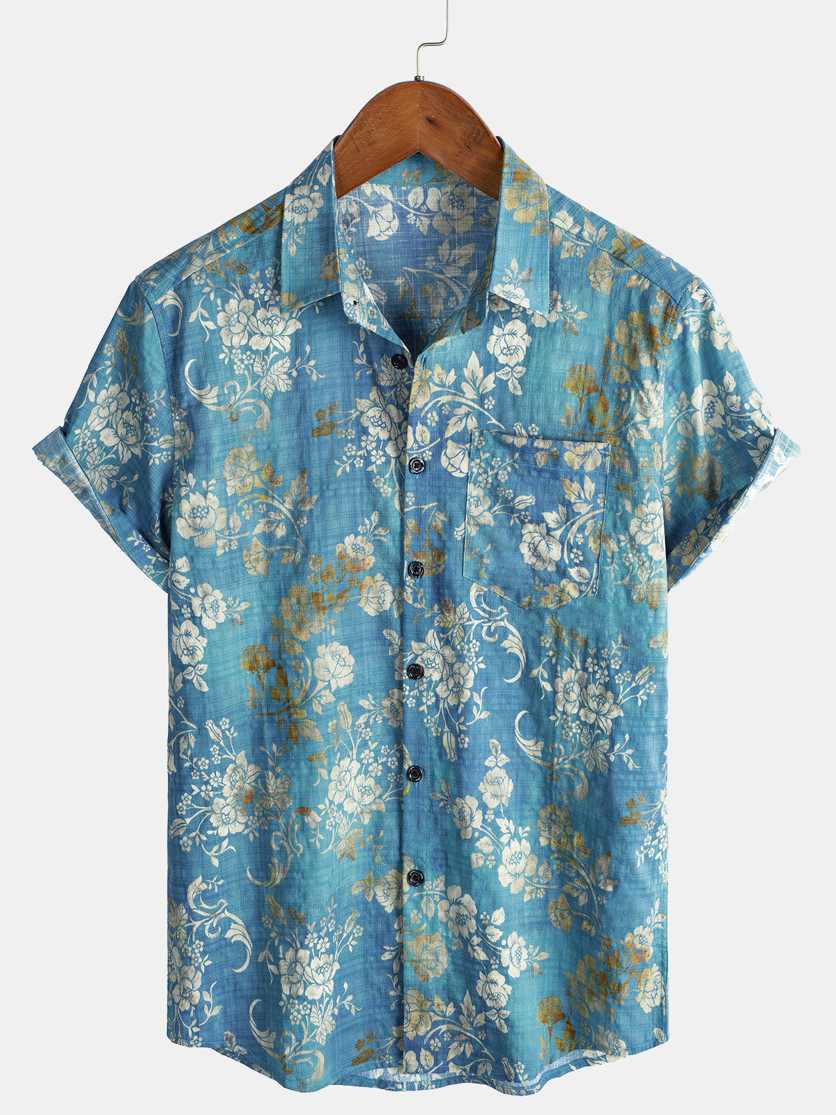 Men's Blue Floral Print Pocket Short Sleeve Shirt