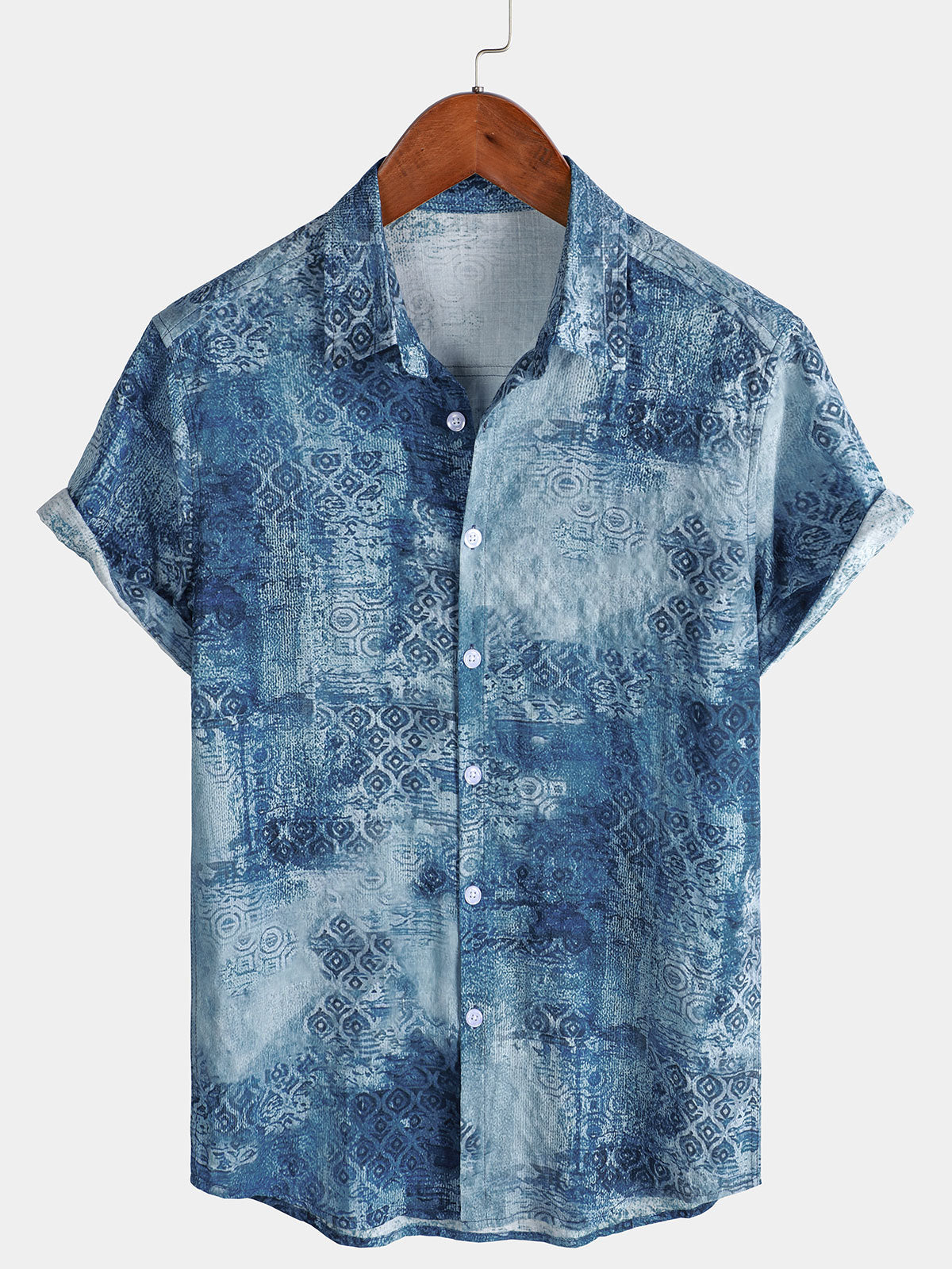Men's Blue Art Geometric Print Short Sleeve Shirt