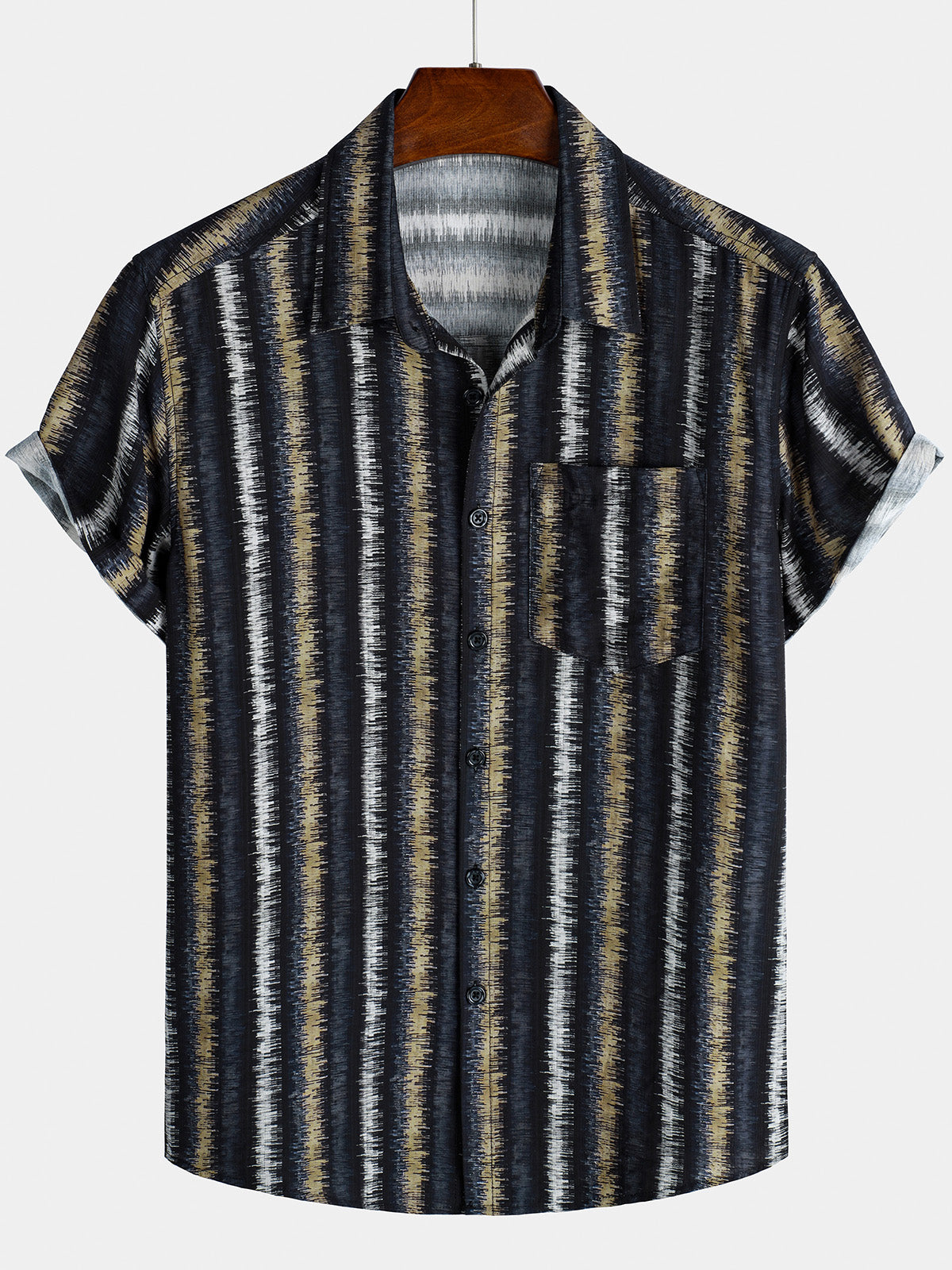 Men's Black Striped Art Breathable Pocket Short Sleeve Shirt