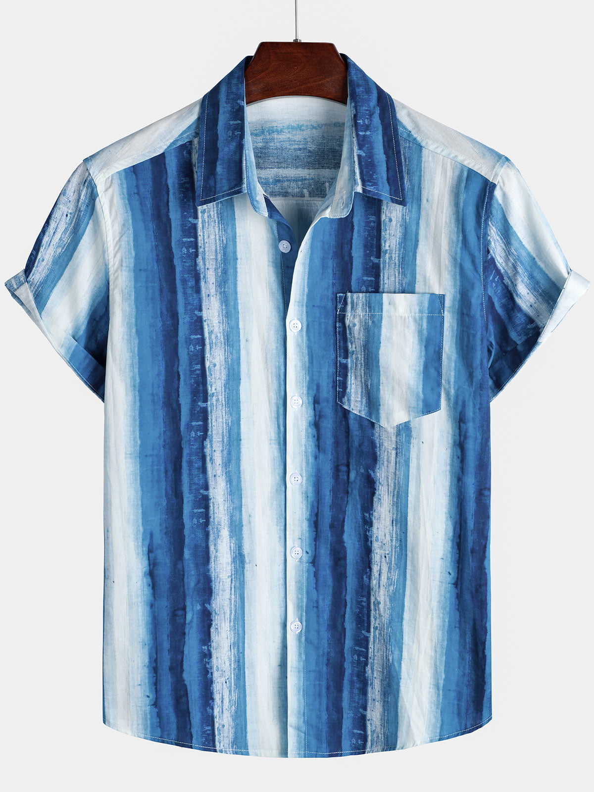 Men's Blue Striped Art Breathable Pocket Short Sleeve Shirt