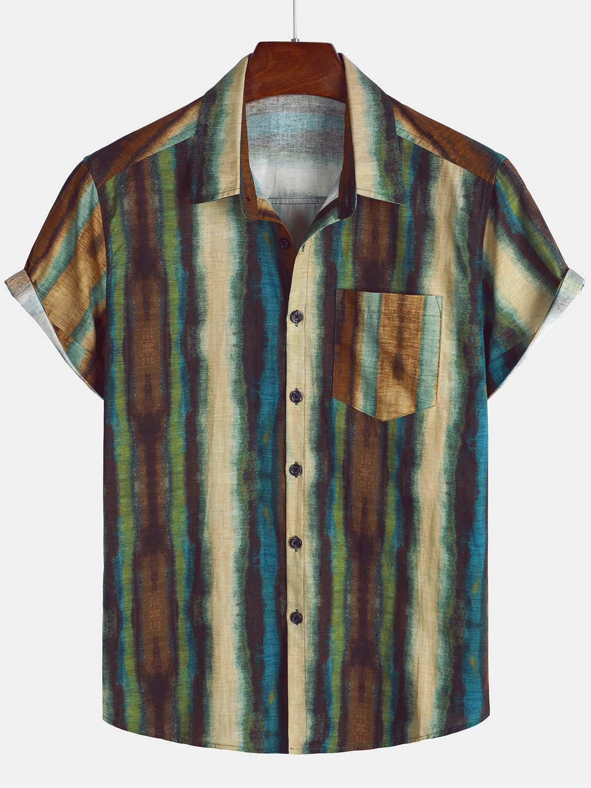 Men's Striped Breathable Holiday Art Pocket Short Sleeve Shirt