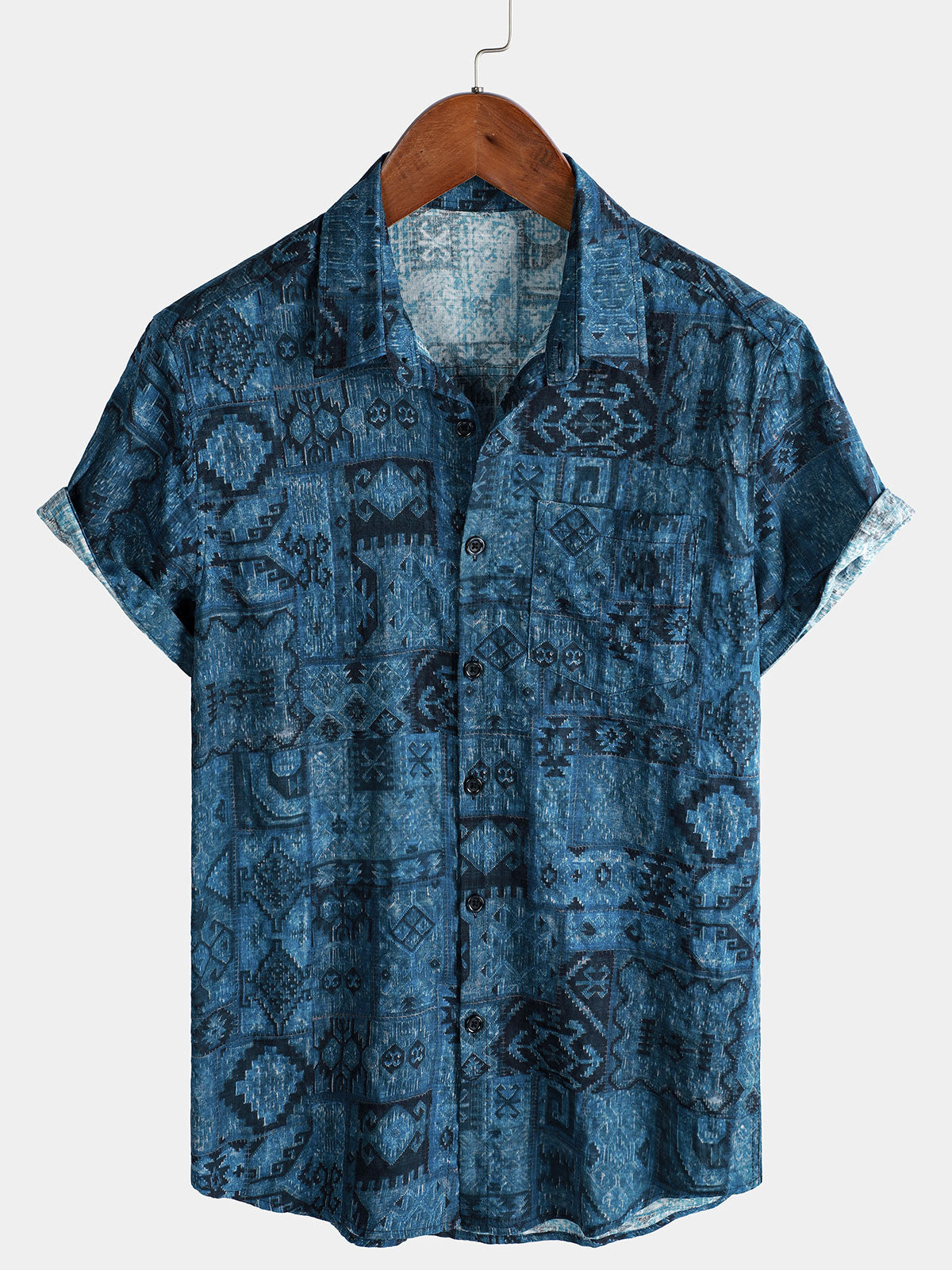 Men's Retro Print Blue Holiday Short Sleeve Shirt