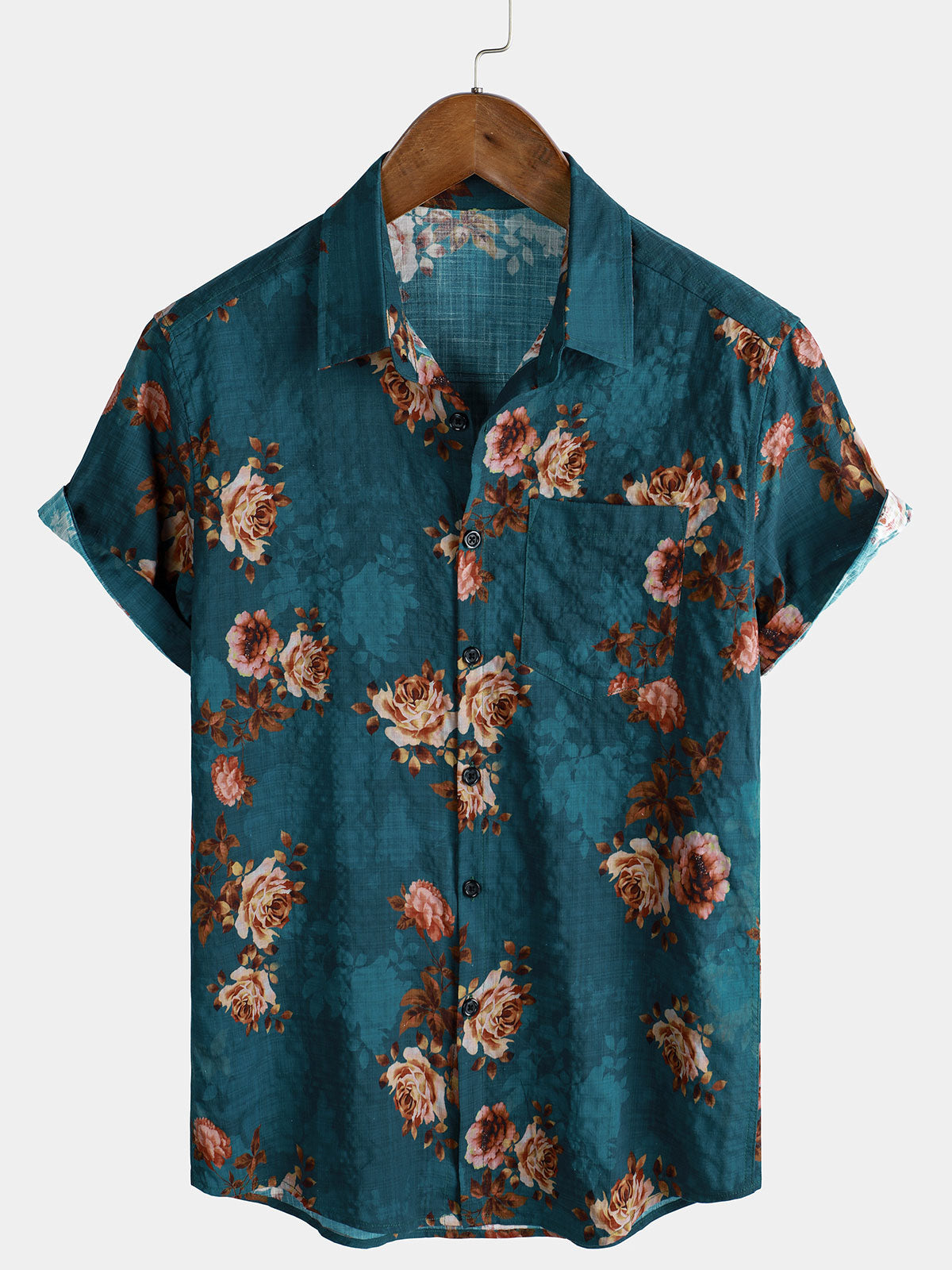 Men's Blue Floral Summer Short Sleeve Breathable Button Up Shirt