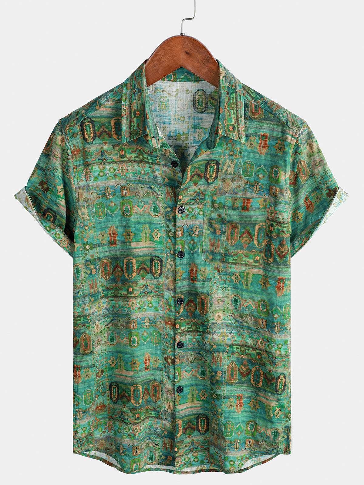 Men's Green Vintage Short Sleeve Breathable Button Up Shirt