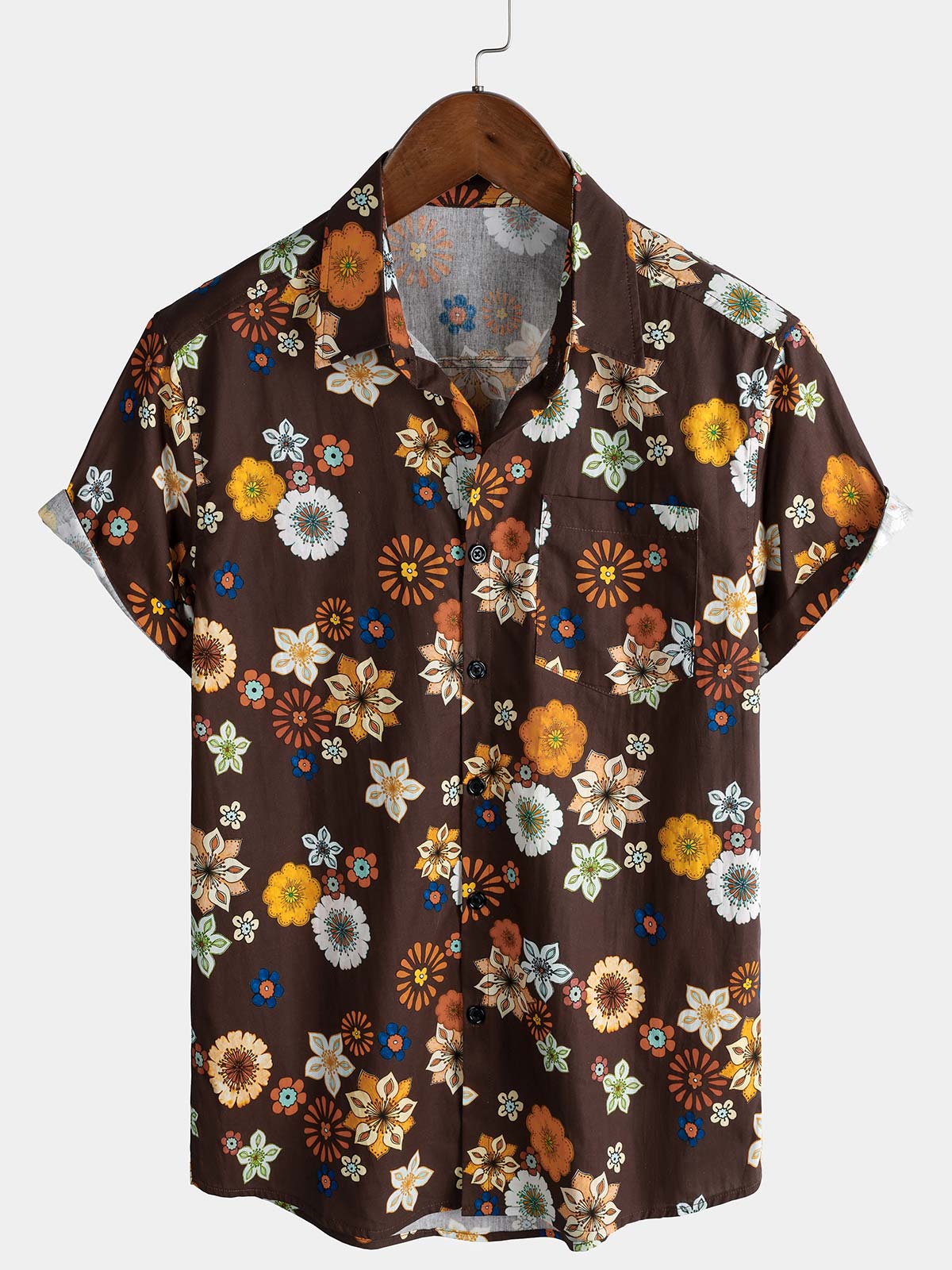 Men's Summer Floral Print 70s Holiday Short Sleeve Shirt